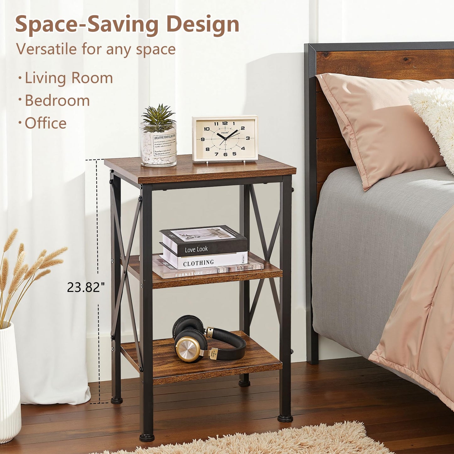 VECELO End Table Set of 2, Bedside Table, 24" Tall Living Room End Tables, X-Design Reinforced Nightstands, Side Table with 3-Tier Storage Shelves for Small Spaces, Office, Bedroom, Rustic Brown