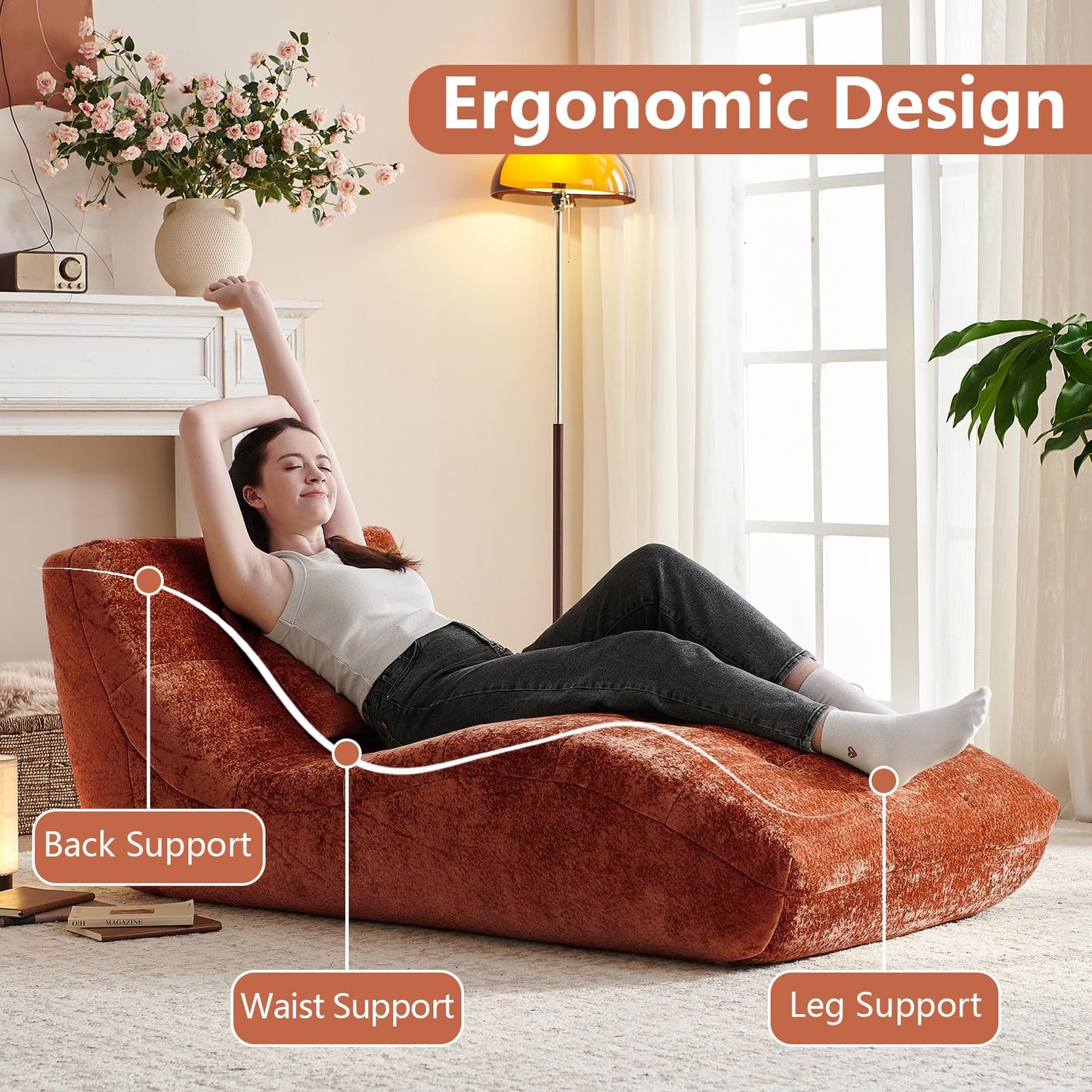 Huadeo Chaise Lounge Chair with Curved Back, Modern Upholstered Recliner Sofa, Tufted Accent Lounger Comfortable Lazy Chair for Bedroom, Apartment (Orange)