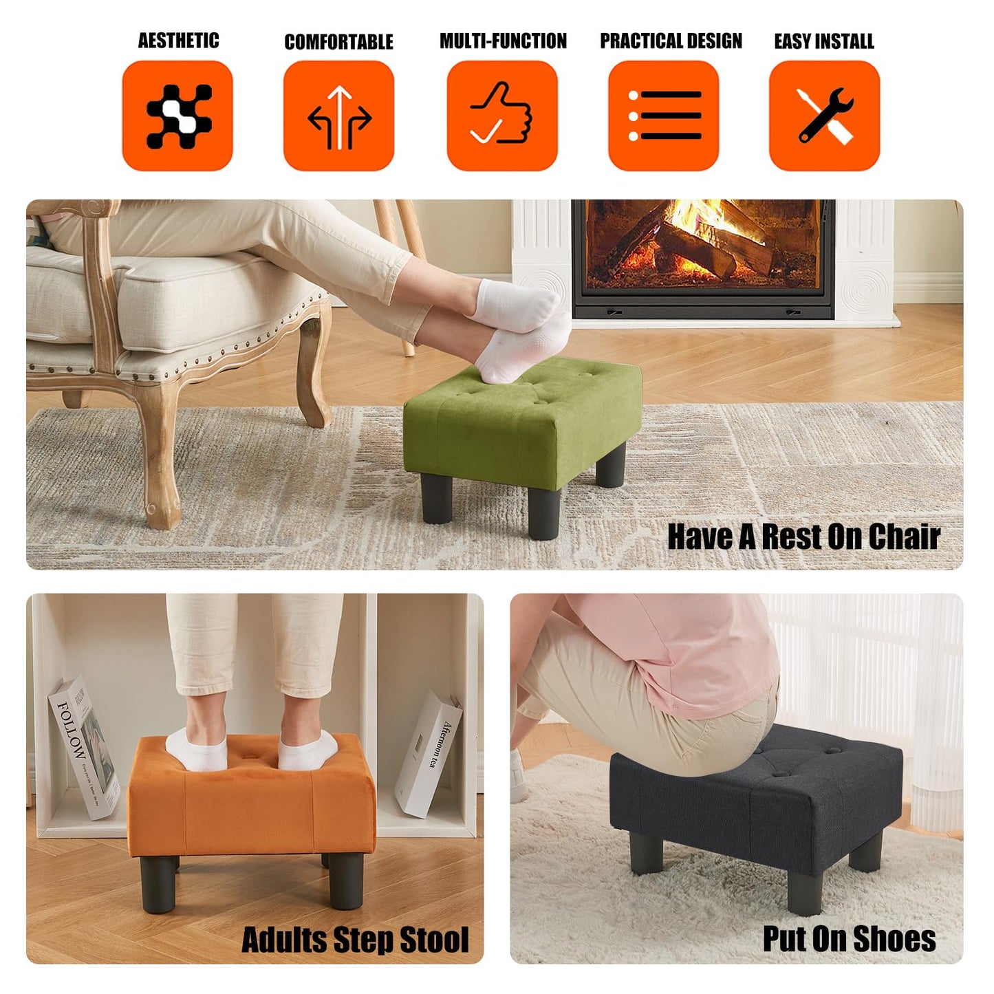 BRIAN & DANY Small Foot Stool, Linen Foot Stools with Legs, Stable Small Footstool for Living Room, Black