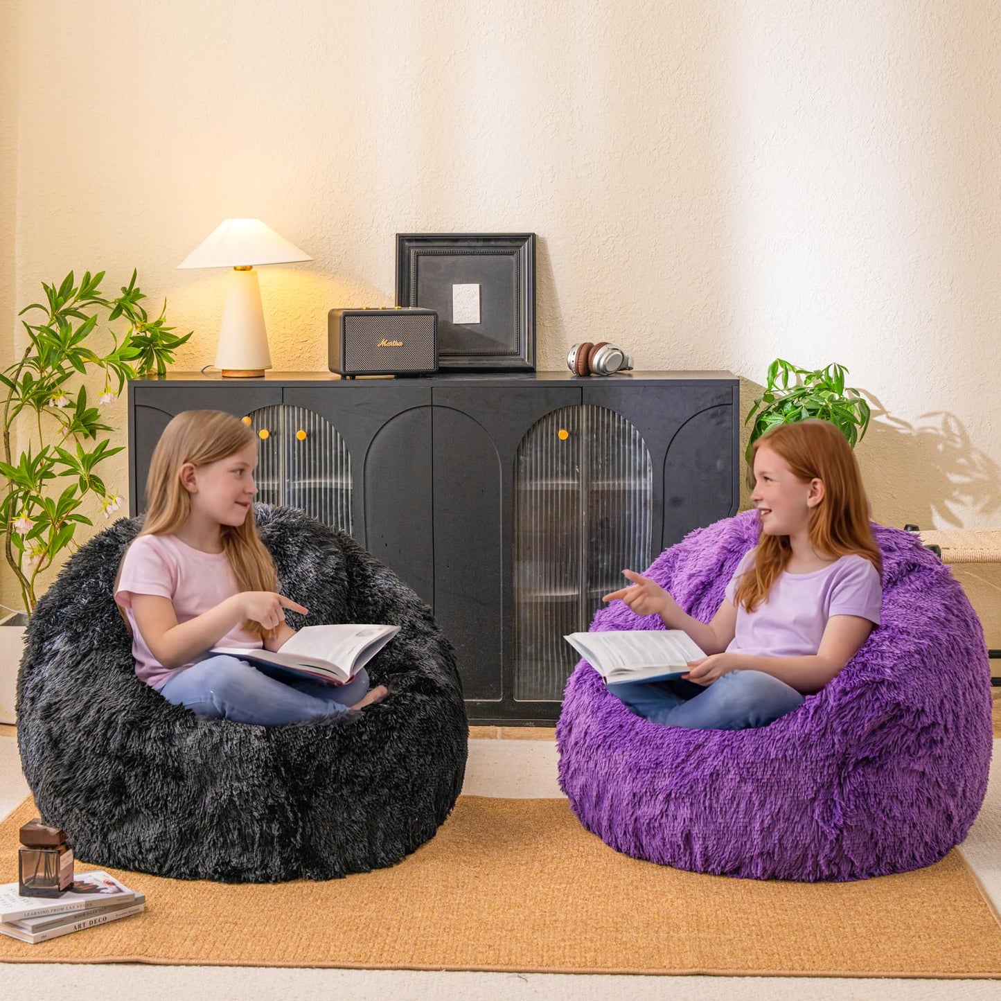 Black fuzzy bean bag chair covers (No Filler), comfy Shaggy Black bean bag chair Cover for bedroom, stuffed animal Storage, kids adults teens girls bean bag chairs, Anti-Slip