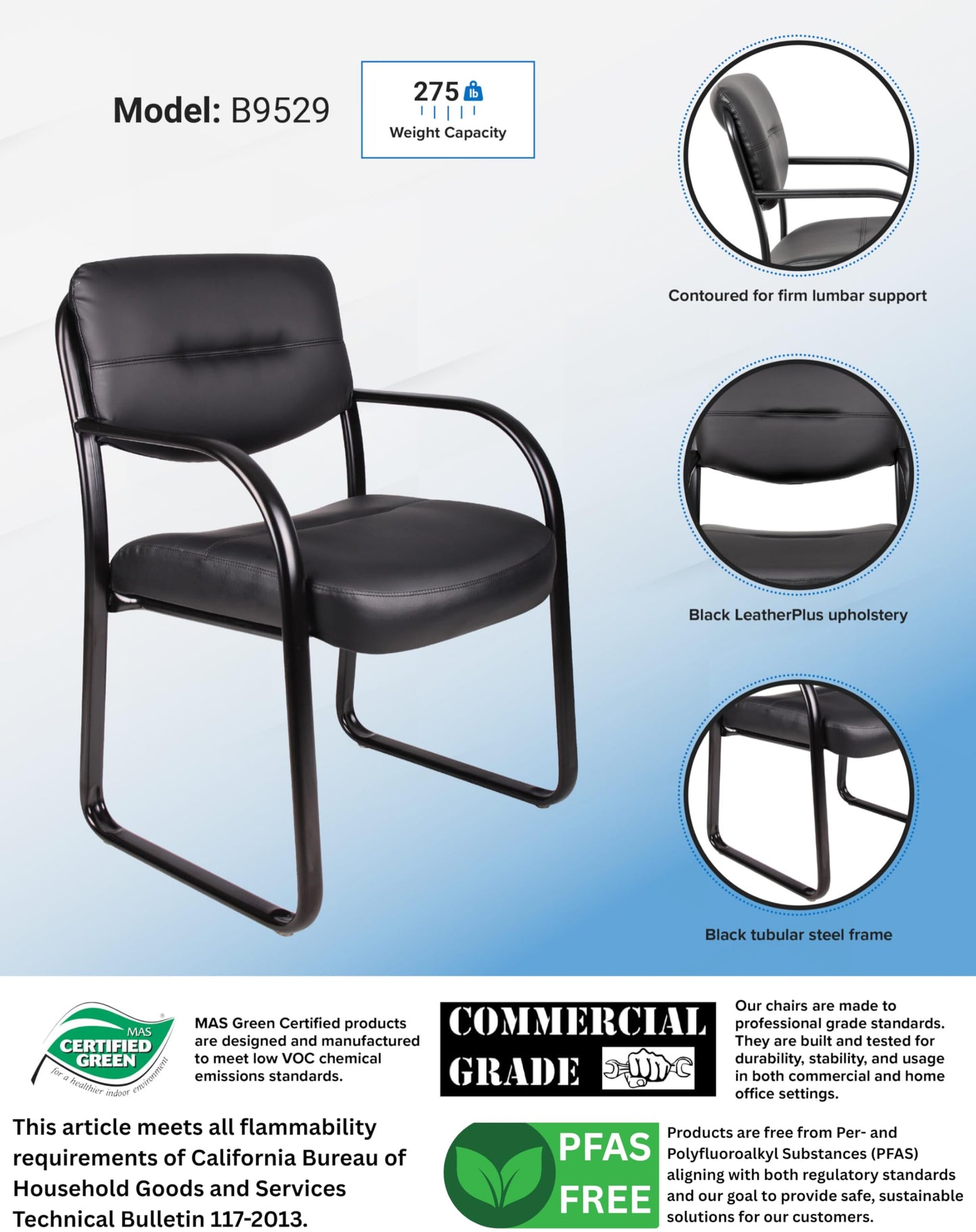 BOSS Office Products Leather Sled Base Side Guest Chair, Black