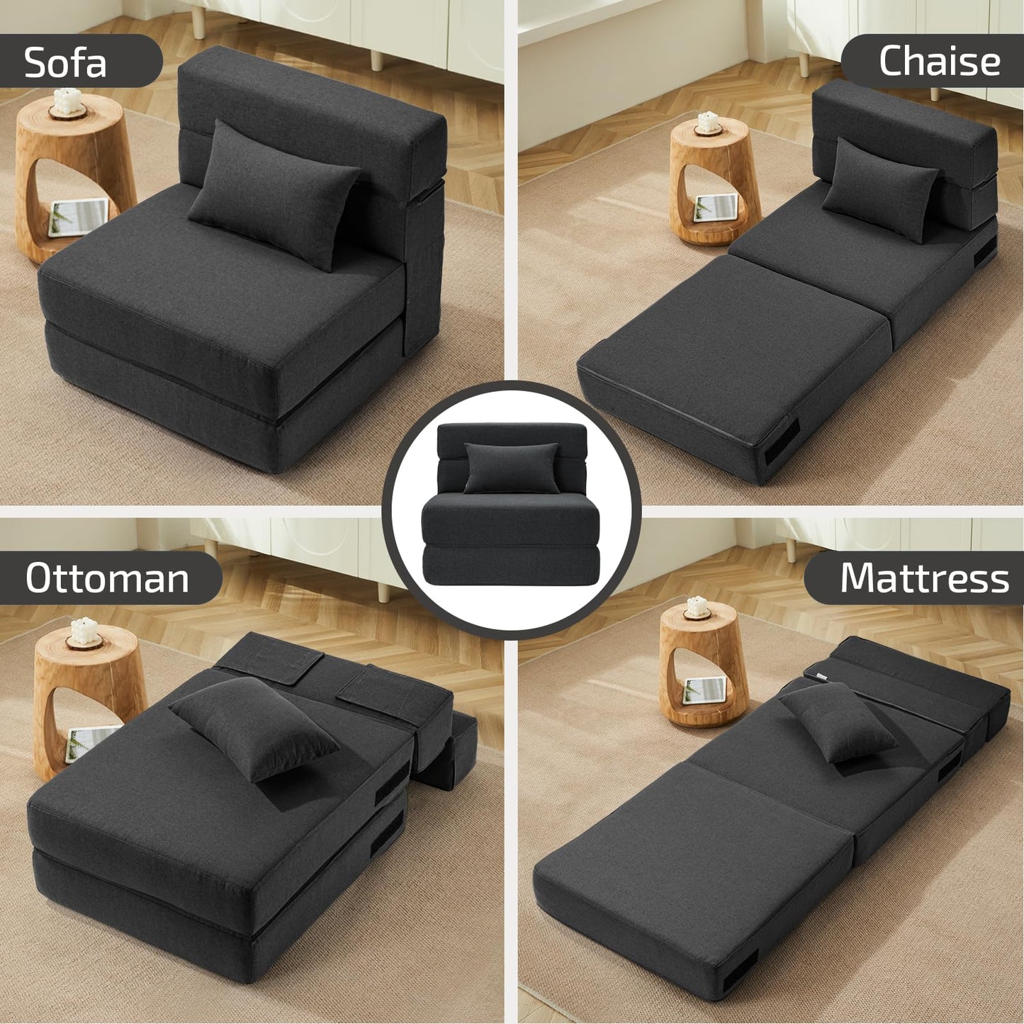 SUYOLS Folding Sofa Bed with Pillow- Convertible Chair Floor Couch & Sleeping Mattress, Foldable Memory Foam Sleeper for Living Room/Dorm/Guest Room/Home Office/Apartment/Loft, Single26, Dark Gray