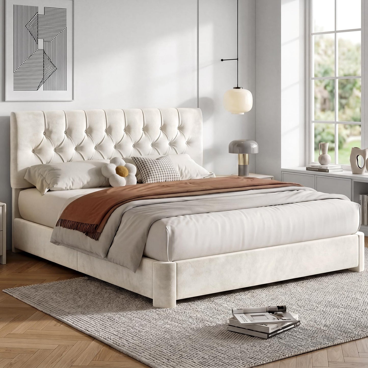 Queen Size Bed Frame with Headboard, Luxury Velvet Fabric Upholstered Bed frame with Button Tufted Design, Strong Wooden Slats Support - Low & Sturdy, Noise-Free, No Box Spring, Easy Assembly, Beige