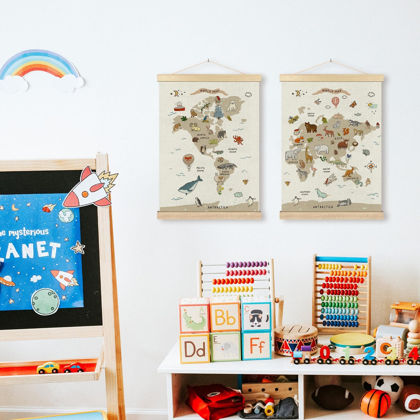 BCUANGD Classroom Wall Decor - Toddlers Kids Wall Art Poster Hanger with Wood Frames Set of 2, Educational Maps Wall Hanging Canvas Decor for Playroom Nursery Toddler Kids Room, 12x16 Inches