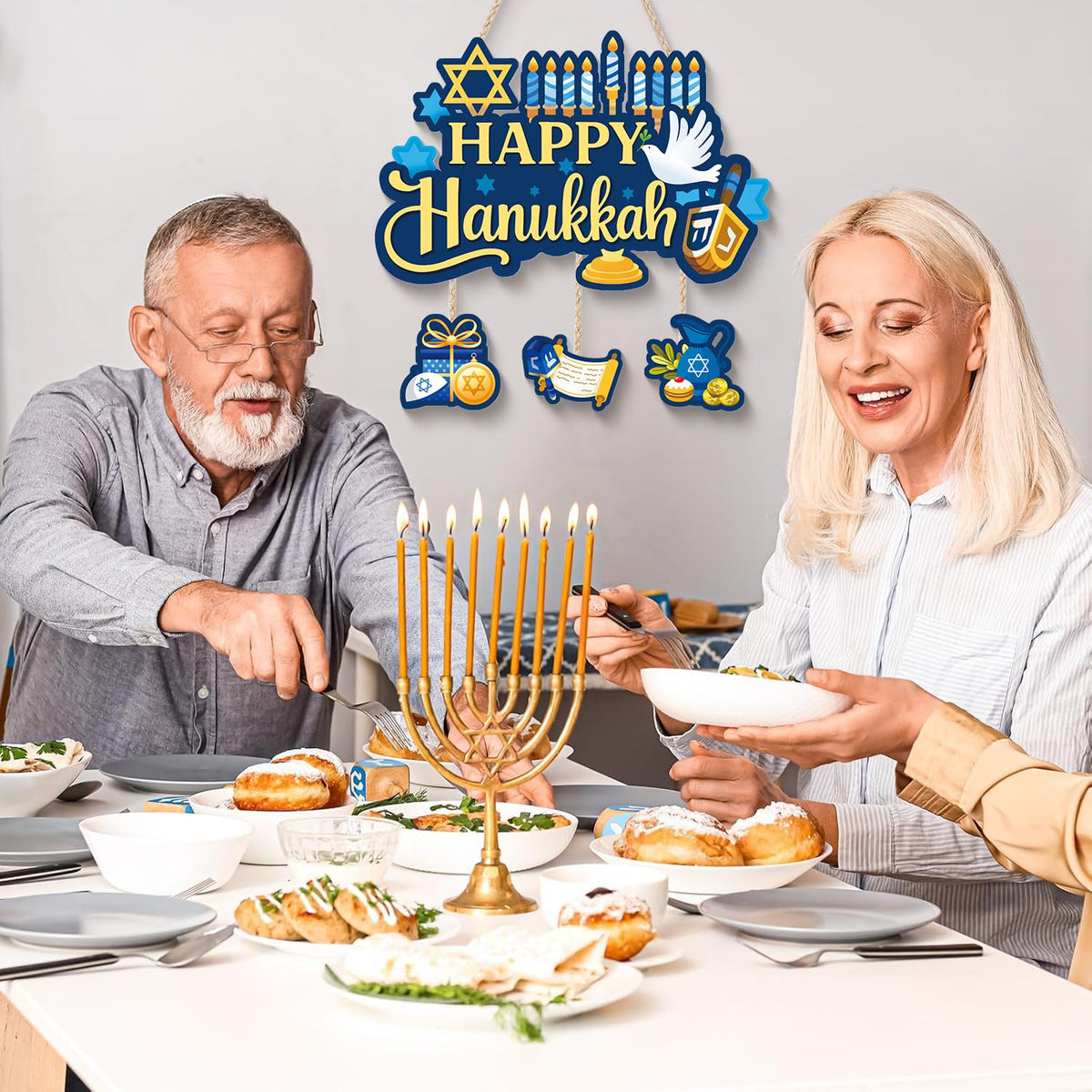 Aurlan Happy Hanukkah Door Sign,Hanukkah Wooden Wall Hanging,Jewish New Year Door Decor,Chanukah Wood Hanging,Chanukah Candlestick Wall Sign,Candle Pigeon Sufganiyot Decor for Porch Yard Home Room Office