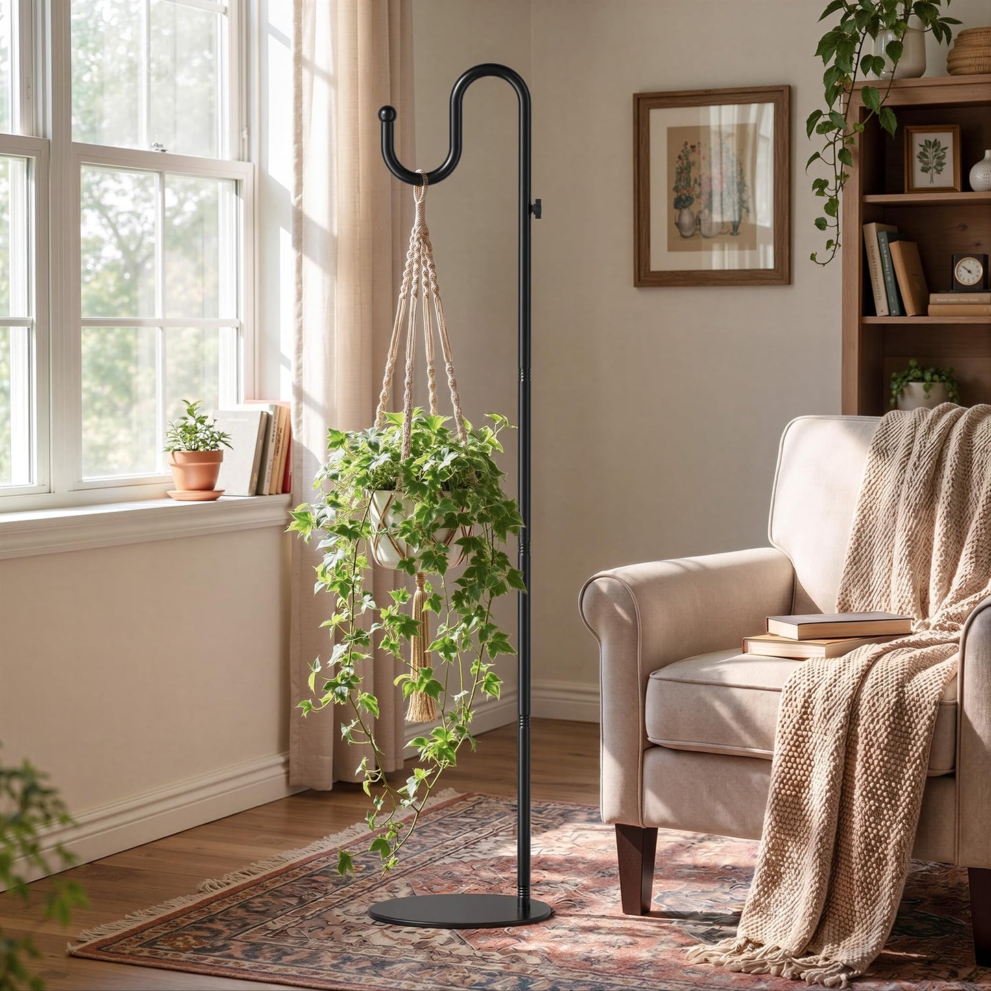 74" Shepherds Hook Stand, Adjustable Wind Chime Stand with Heavy Duty Base, Free Standing Plant Hanger Pole for Bird Feeders, Lanterns, Wreaths & Plants, Indoor Outdoor, Holds Up to 20 LBS, Black