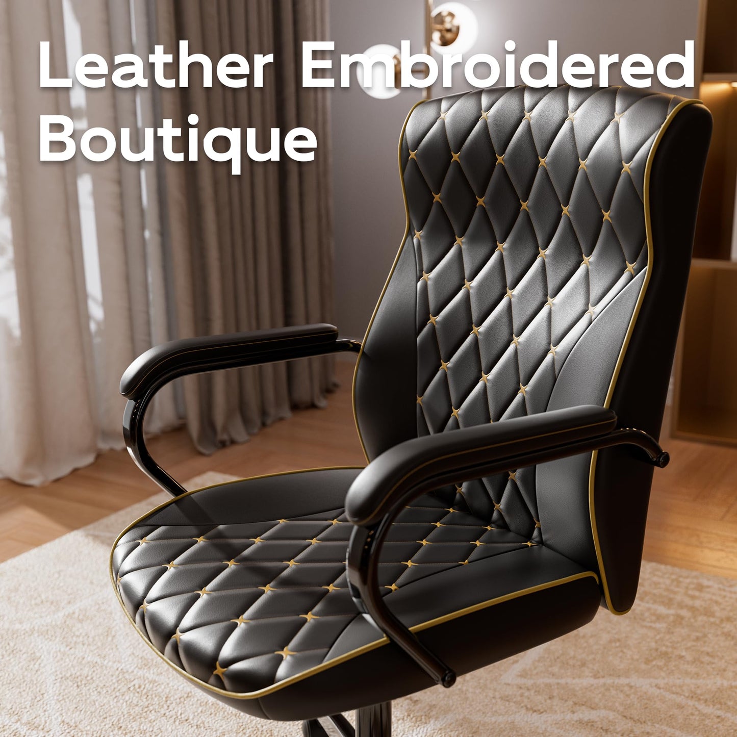 HomeZeer Black Office Chair with Soft Leather Embroidery, Mid Back Vintage Swivel Executive Desk Chair with Wheels and Padded Arms, Adjustable Height