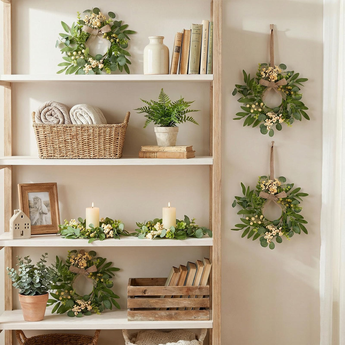 4 Pcs Green Eucalyptus Candle Rings Wreaths Spring Summer Kitchen Cabinet Wreaths Mini Green Berry Leaves Candle Wreath for Pillars Farmhouse Festival Wedding Celebrations Tabletop Decoration
