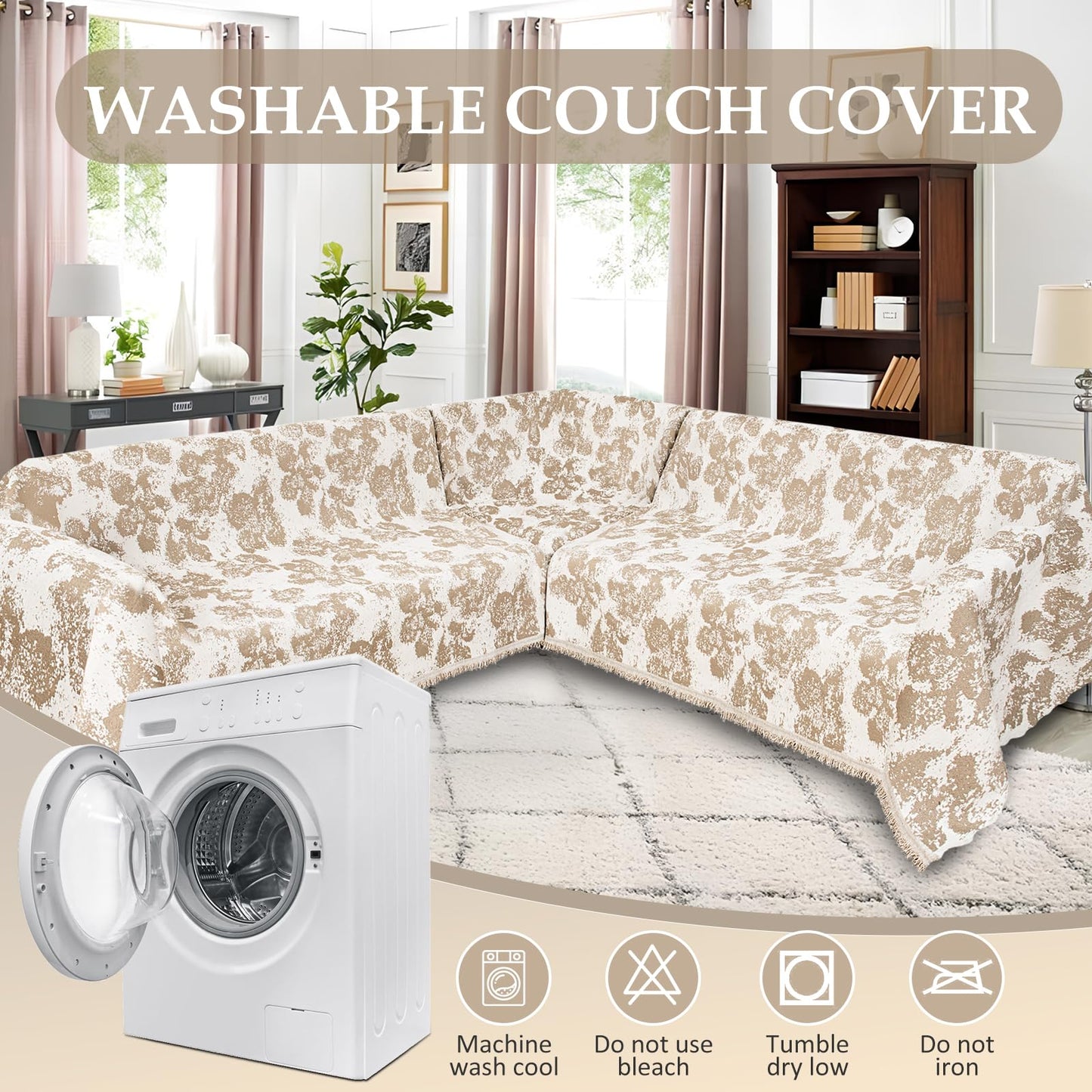 SYJOVIA 1OO% Waterproof Sectional Couch Covers for Dogs L Shaped Corner Sofa Cover Washable Chenille Sofa Slipcovers Blanket Modern Jacquard Pet Furniture Protector (91"x252", Khaki Flower Shadow)