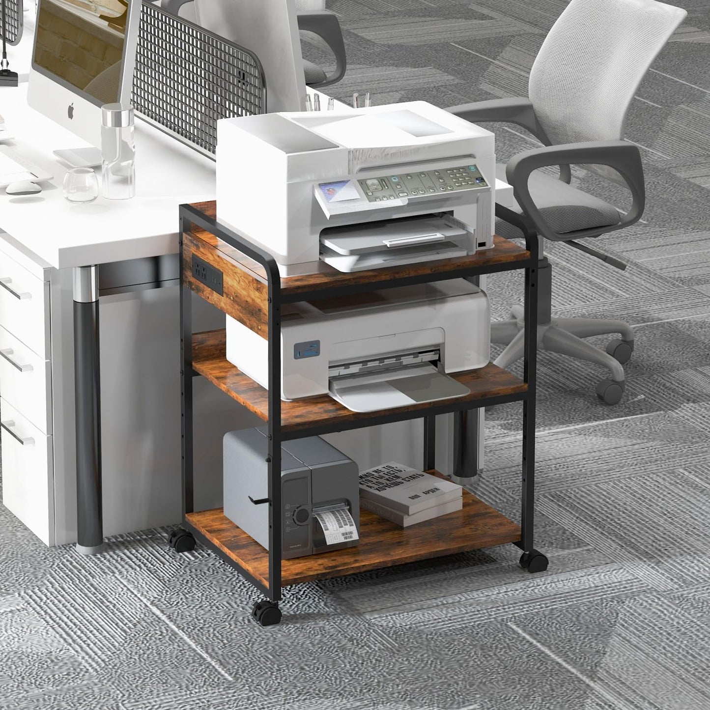 Livofloral 3 Tier Large Printer Stand with Wheels, 25.2 x 18.9 Inch Printer Stand with Power Outlet USB Port, Printer Table with Adjustable Storage Shelf for Home Office, Rustic Brown