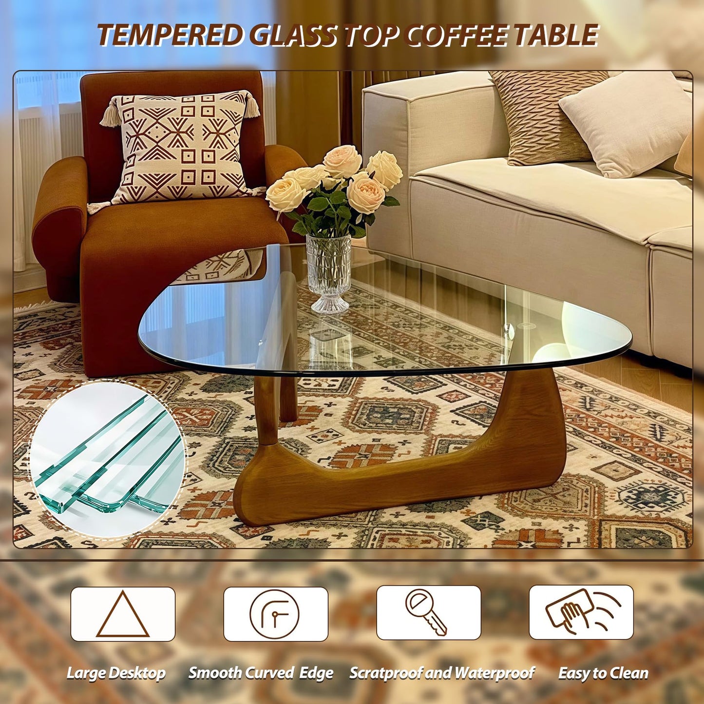Modern Glass Coffee Table, 35.5″ Noguchi Coffee Table with Triangle Tempered Glass Top, Walnut Wood Base, Stable Funky Center Tables for Living Room, Apartment & Small Spaces