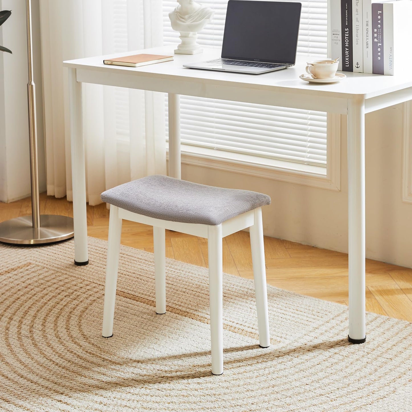 IBUYKE Saddle Cushion Vanity Stool Chair, Foot Rest Stool with Solid Wood Legs, Modern Vanity Bench Ottoman for Piano, Upholstered Seat for Bedroom, Entryway, White Legs&Light Gray WBD007WG