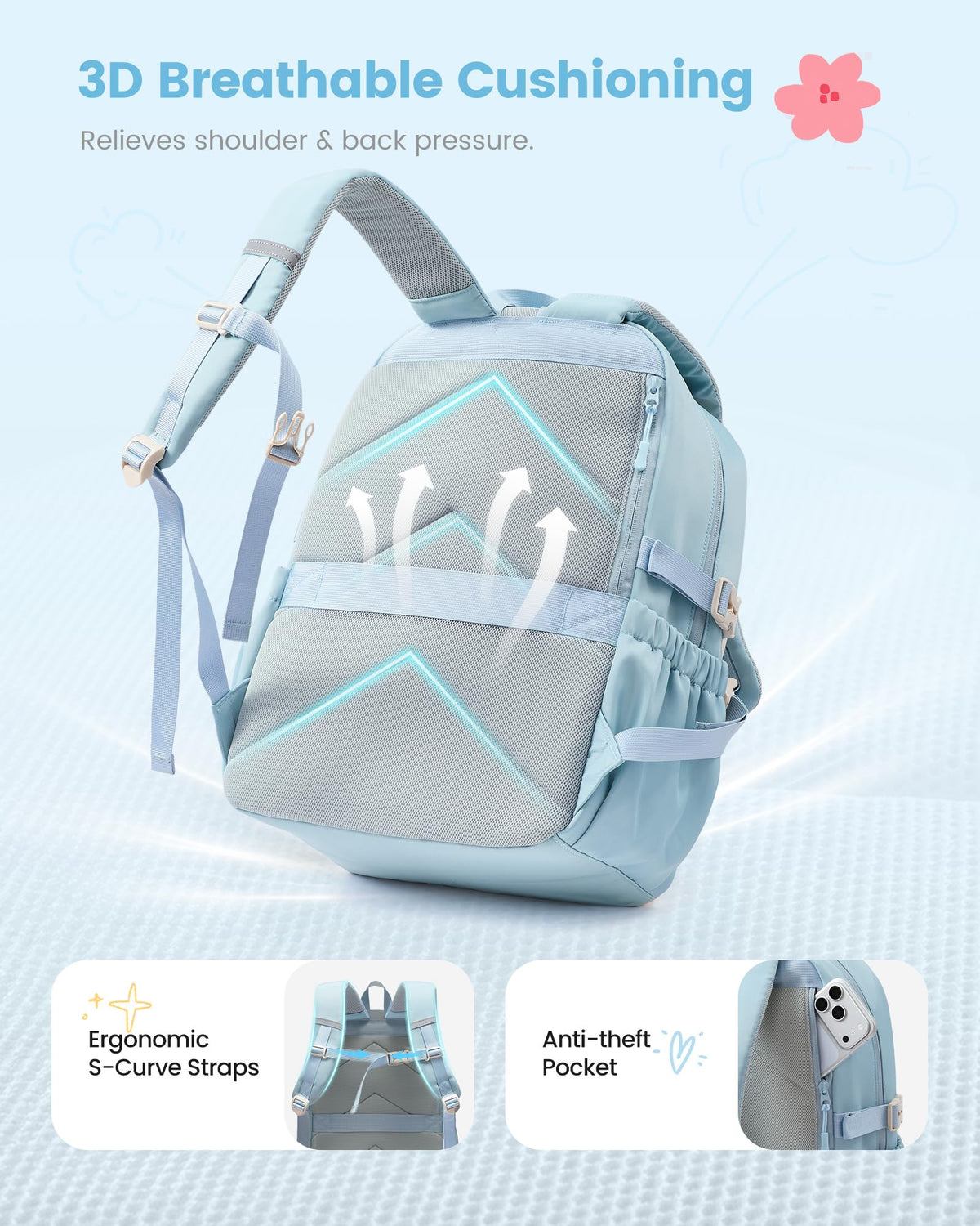LOVEVOOK School Backpack for Teen Girls, Cute Student Bookbag Fits 15.6 Inch Laptop, Back to School Backpacks for 8-18 Teenager Kid, Large College Travel Back Pack with Water Bottle Holder Blue