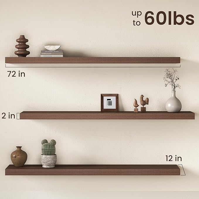 Fun Memories 72 Inch Floating Shelves, 12 Inch Deep Wall Shelf