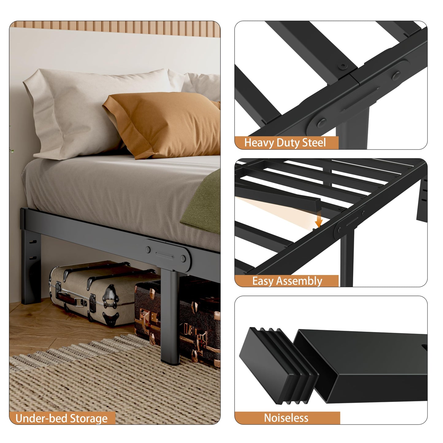 KZZLOL Full Size Bed Frame 16 Inch, Metal Platform Full Bed Frame No Box Spring Needed, DIY Headboard Hole, Heavy Duty Steel Support 3500 LBS, Noiseless, Round Leg, Storage Space, Easy Assembly, Black