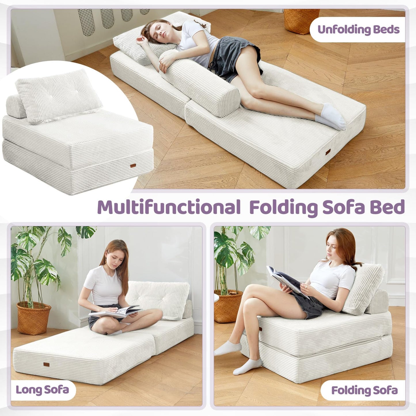 PIASHJOY Folding Sofa Bed Chair, Sleeper Chair for Adults with High-Density Foam and Pillow,Portable 3 in 1Folding Chair Bed for Living Room、Apartment 、Hotel,Single, Creamy Apricot