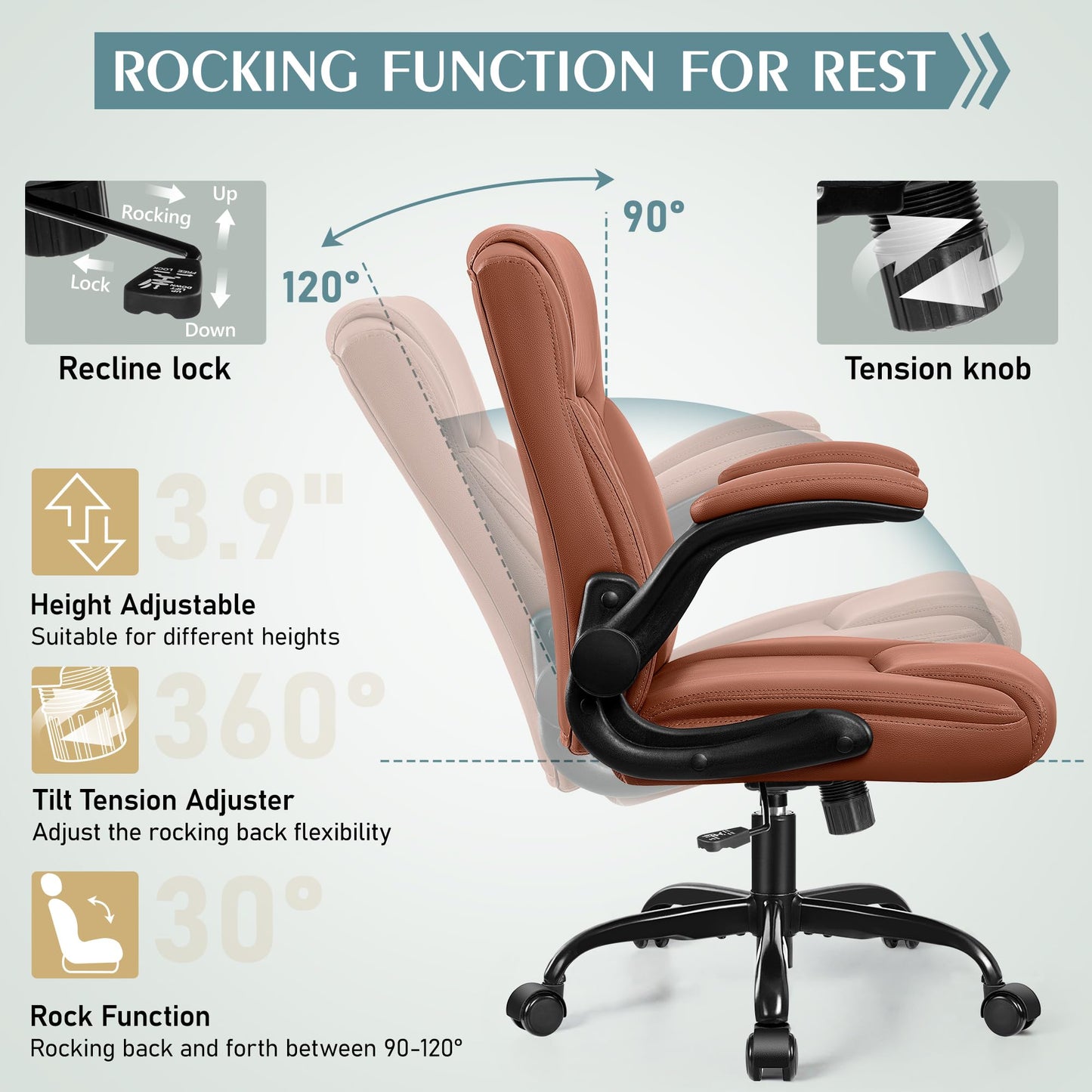 Leather Office Chair, PU Home Computer Desk Chairs with Ergonomic Back Support, 360°Swivel Free，Small Gaming Chair with Wheels and Adjustable Armrests, for Short People Use