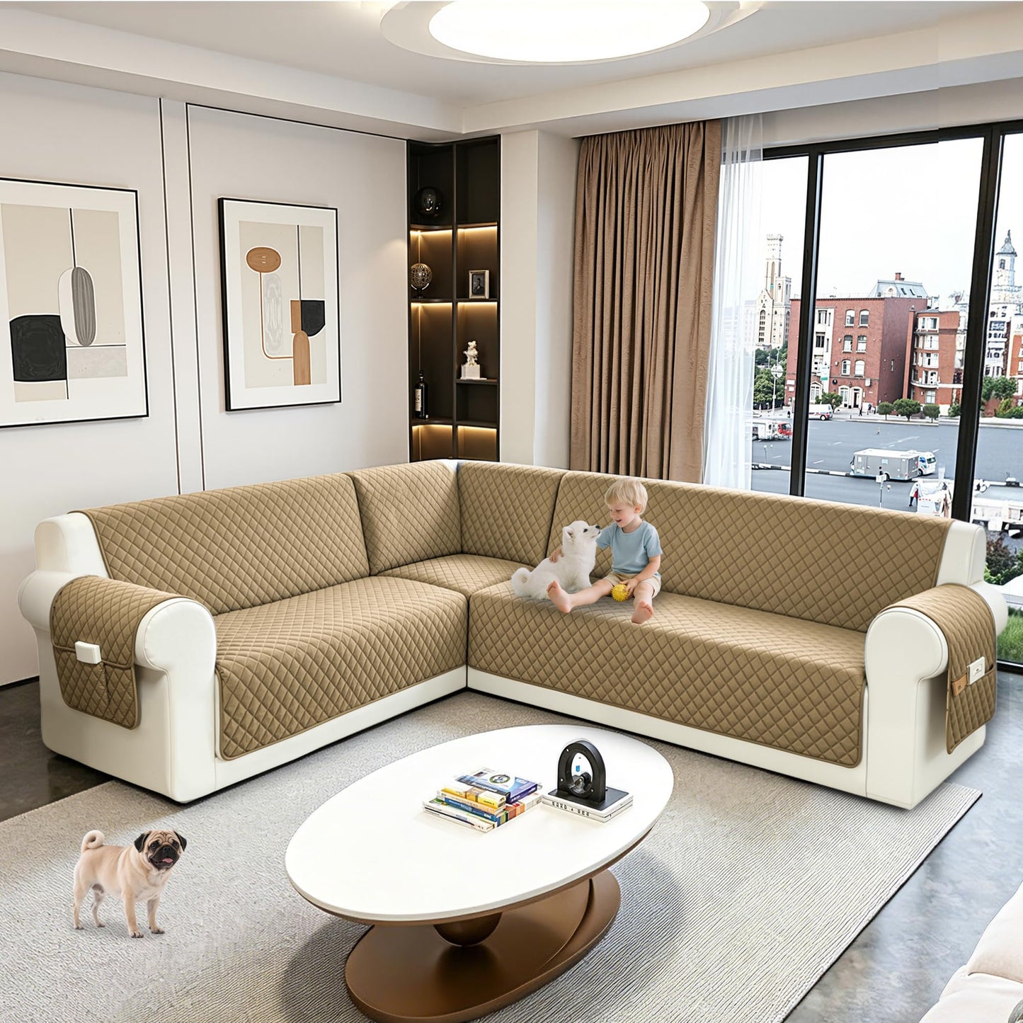 SYJOVIA Sectional Couch Covers for Dogs 100% Waterproof Corner L Shaped Sofa Cover Pet Friendly Velvet Washable Anti Slip L Shape Modular Sofa Slipcover Protector with Pockets (Light Brown, X-Large)