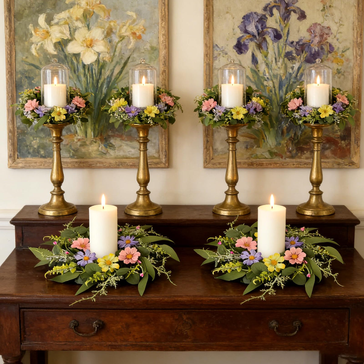 6 Pcs Small Spring Summer Candle Ring Wreaths Artificial Mini Pillar Candle Holder Wreath with Pink Purple Yellow Daisy Flowers and Eucalyptus Leaves for Home Kitchen Table Cnterpieces