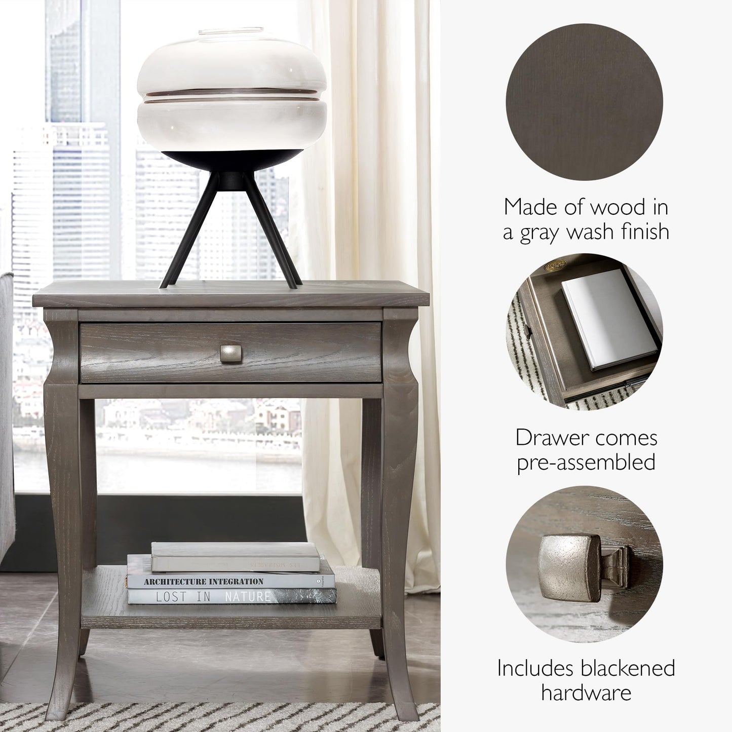 Leick Home 11607-GW Luna One Drawer Side Table and Shelf, Gray Wash