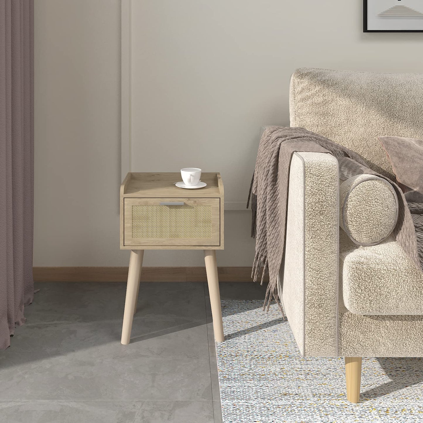 LAATOOREE Nightstand Set of 2, Small Bedside Table, End Table with Rattan Door, Boho Side Table with Solid Wood Legs for Bedroom Living Room Small Space