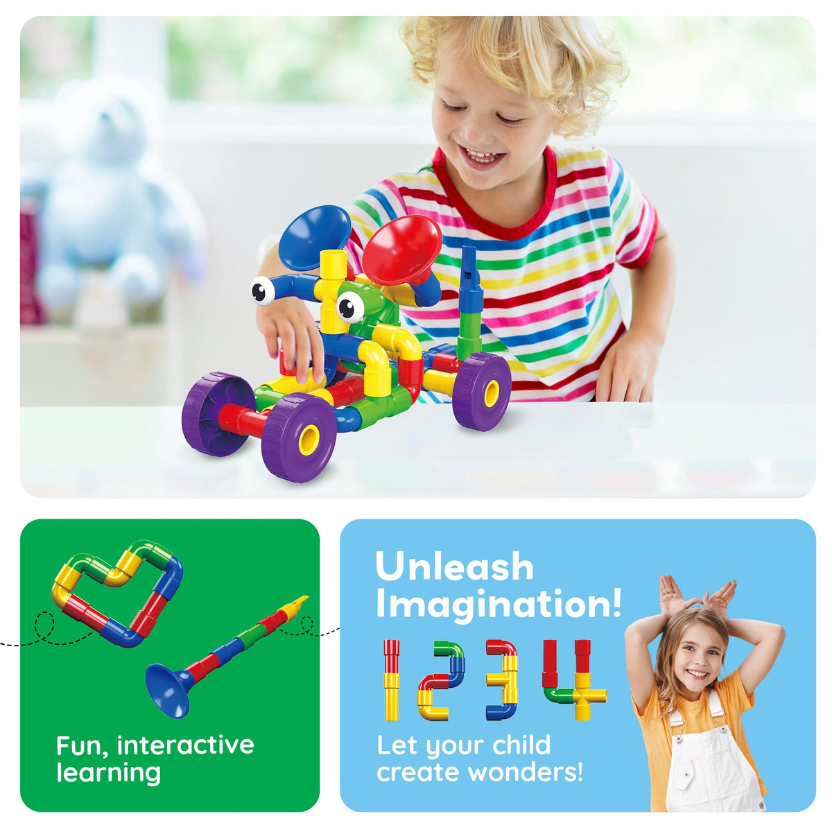 PicassoTiles PTT136 136pcs Tubular Pipes & Spout STEAM Interlocking Educational Building Block Set, Tube Locks, Pipeworks Construction Blocks w/Storage Container Box, Idea Book, Flute Musical Kit