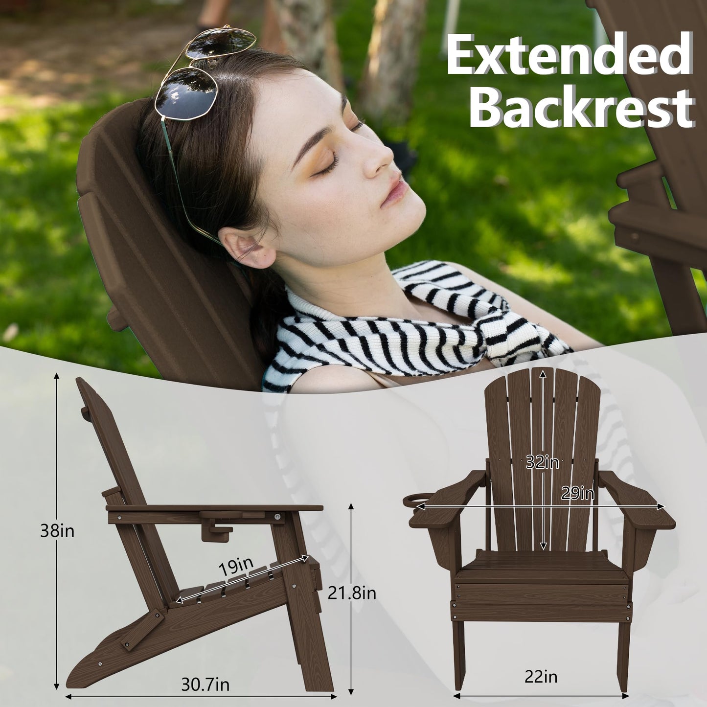 Plawdlik Folding Adirondack Chair, SGS Tested, Wooden Textured with Cup Holder, Heavy All-Weather HDPE Comfortable Set Poolside Backyard Lawn Coffee