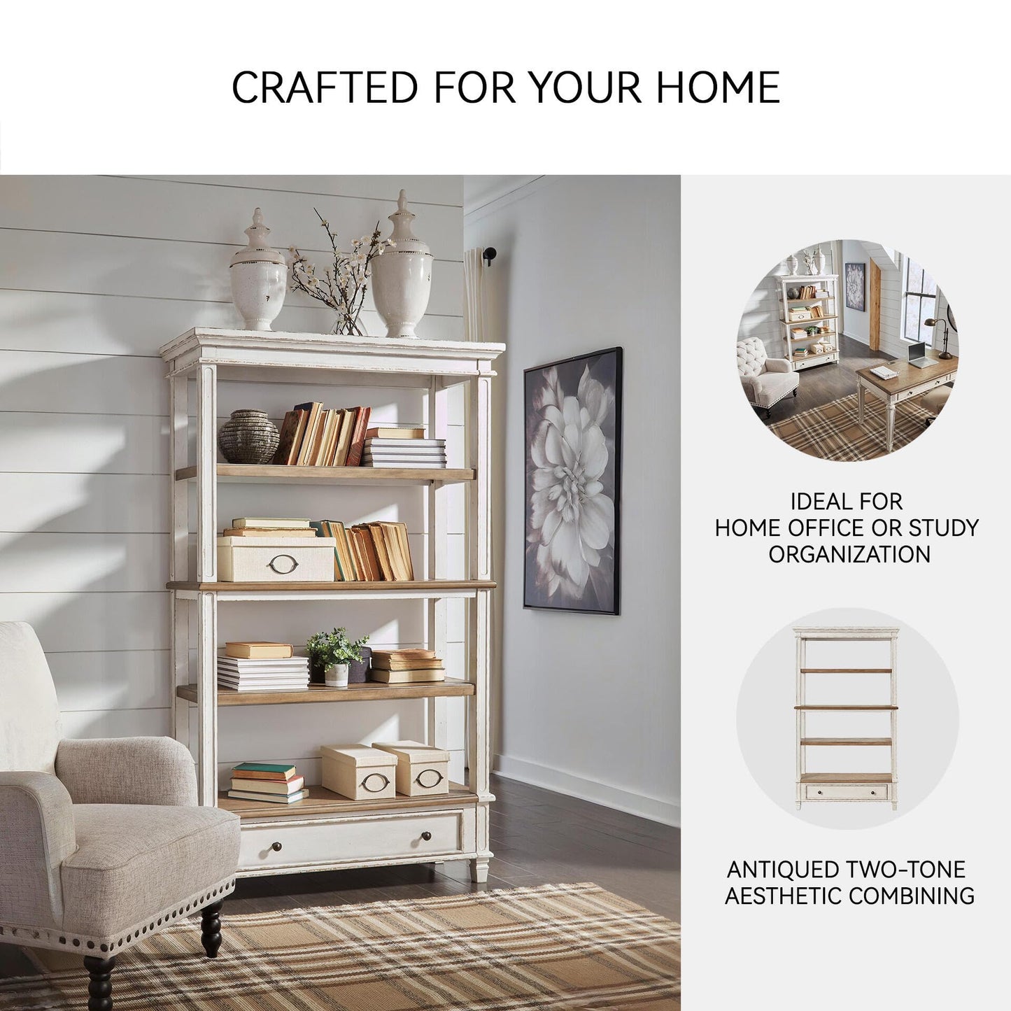 Signature Design by Ashley Realyn French Country 75" Bookcase with Drawer, Chipped White