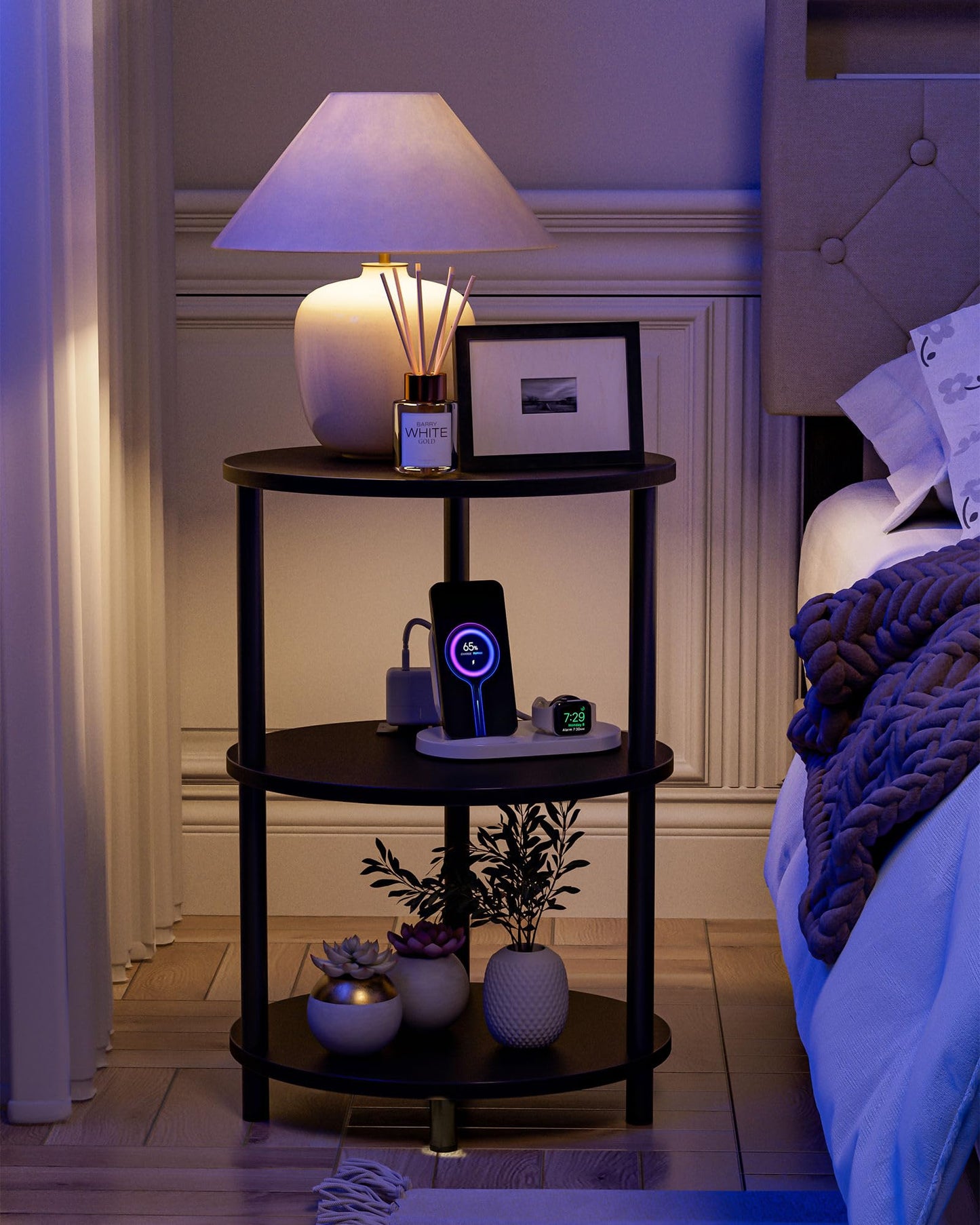 RISWER Small Round Side Table - 3-Tier Oval Accent Table for Small Spaces, Rustic Wood and Metal Nightstand for Living Room or Bedroom, Built-in USB Ports and Power Outlet, Charcoal Wenge