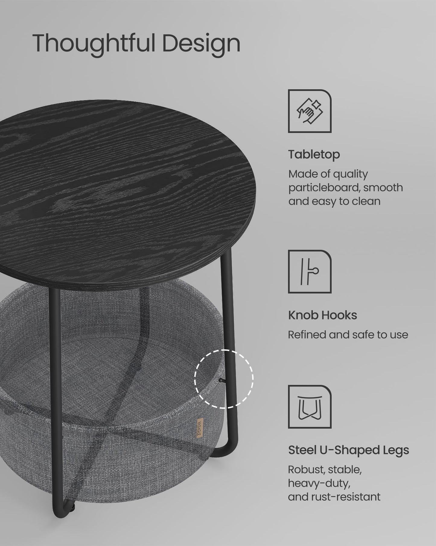 VASAGLE LILEA Collection - Small Round Side End Table, Modern Nightstand with Fabric Basket, Ebony Black and Slate Gray ULET223B01
