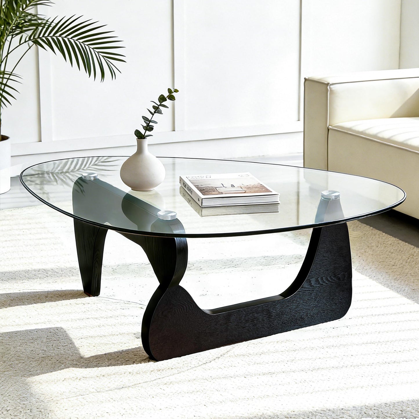 Black Coffee Table for Living Room, 35.4" Modern Oval Center Table with Tempered Glass Top & Sturdy Wooden Base, Easy to Install, Simple Tea Cocktail for Apartment, Lounge, Office