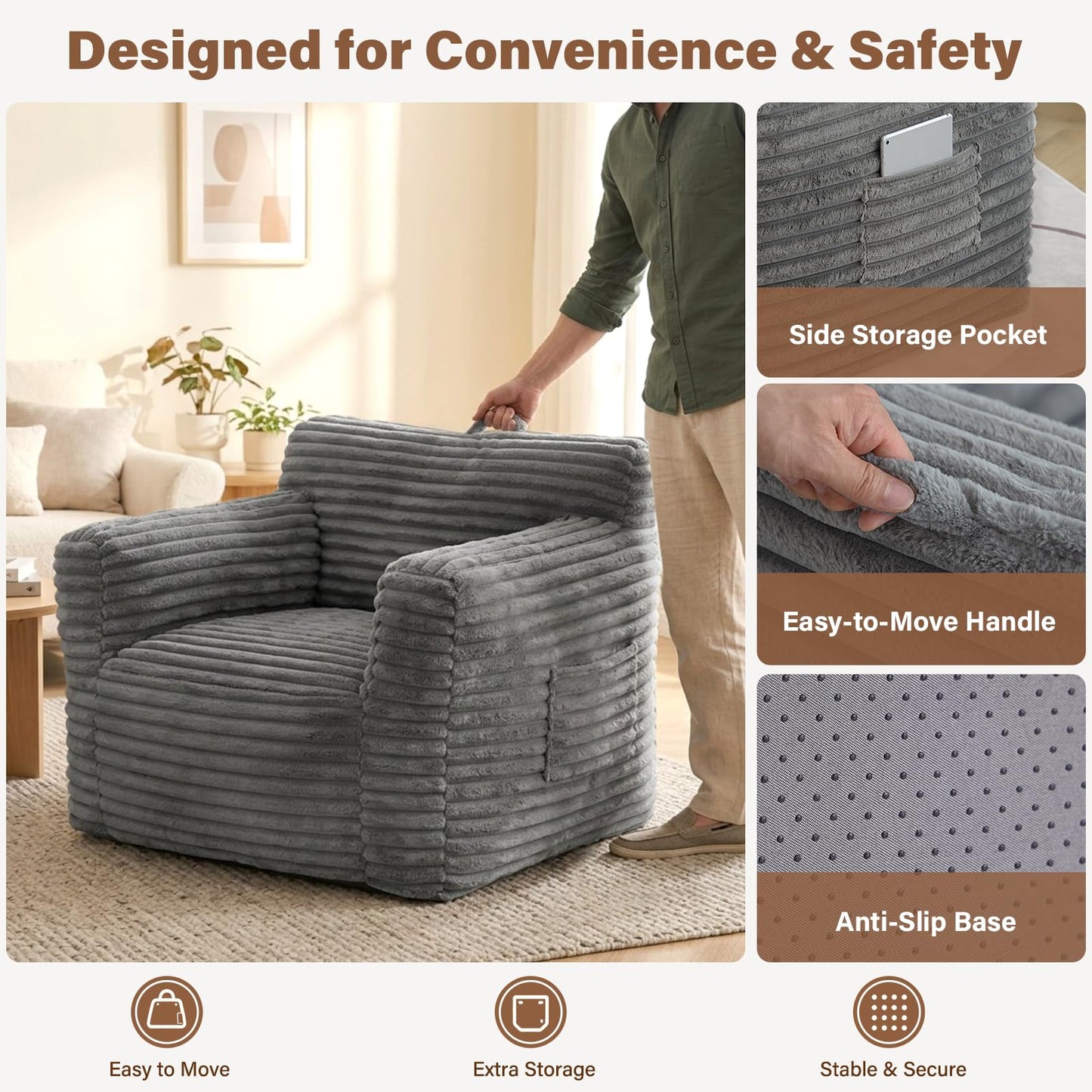 Tiita Bean Bag Chair for Adults, Foam Lounge Chair with Back Support and Armrests, Soft Corduroy Cover, Removable Washable Sofa Chair for Reading, Gaming, Living Room & Bedroom, Dark Grey