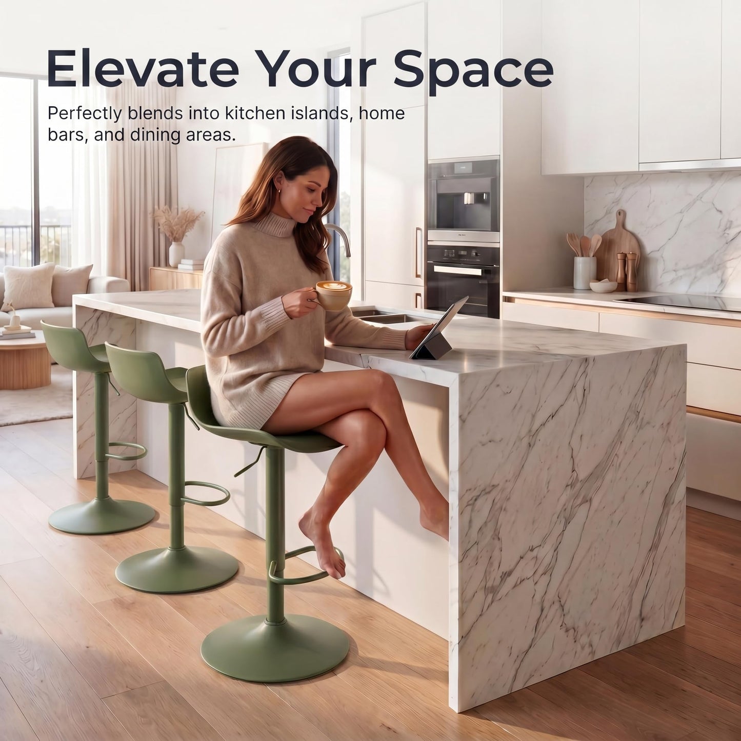 YOUNIKE Adjustable Height Bar Stools Set of 2 Plastic Swivel Barstool with Low Back Modern Kitchen Counter Island Bar Chairs for Breakfast Nook Cafe Bars Olive Green