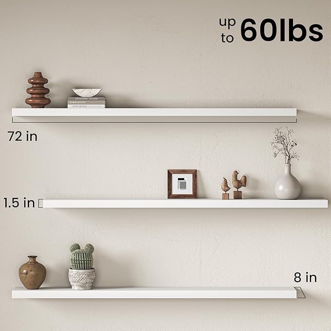 Fun Memories 72Inch Long Floating Shelves, 8 Inch Deep Shelves