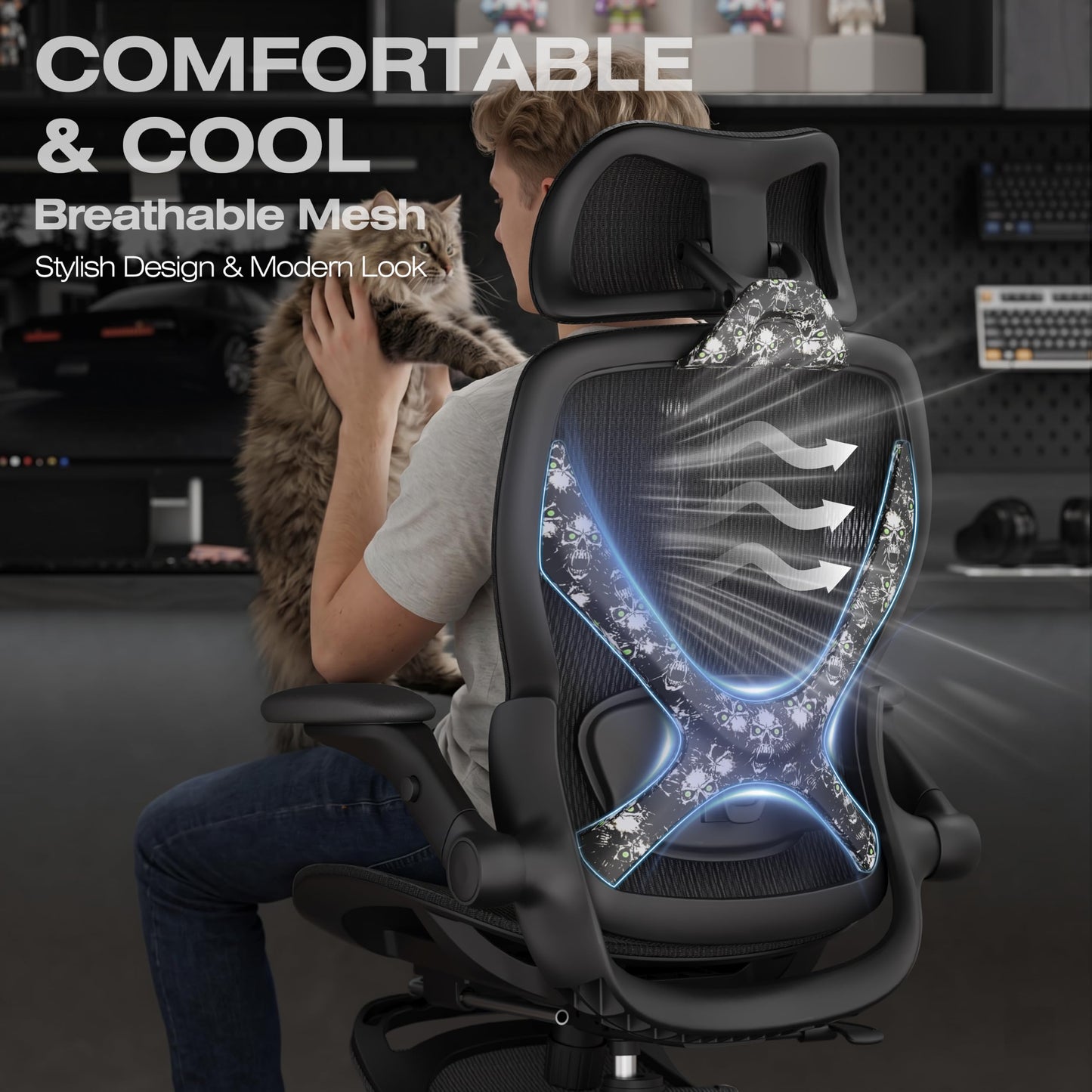 ELABEST X100 Ergonomic Mesh Office Chair with Footrest, Big and Tall Home Desk Chair with 5D Flip-Up Arms, Adjustable 3D Lumbar Support, Gaming & Executive Computer Chair, Night Reaper