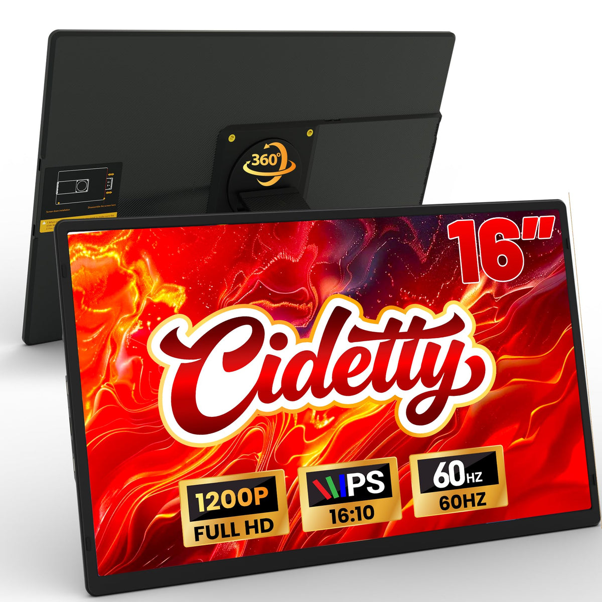 CIDETTY 16" Laptop Screen Extender, 1920x1200 FHD Portable Monitor for Laptop, 360° Magnetic Stand Travel Second Screen for Mac, Windows, Android Phone