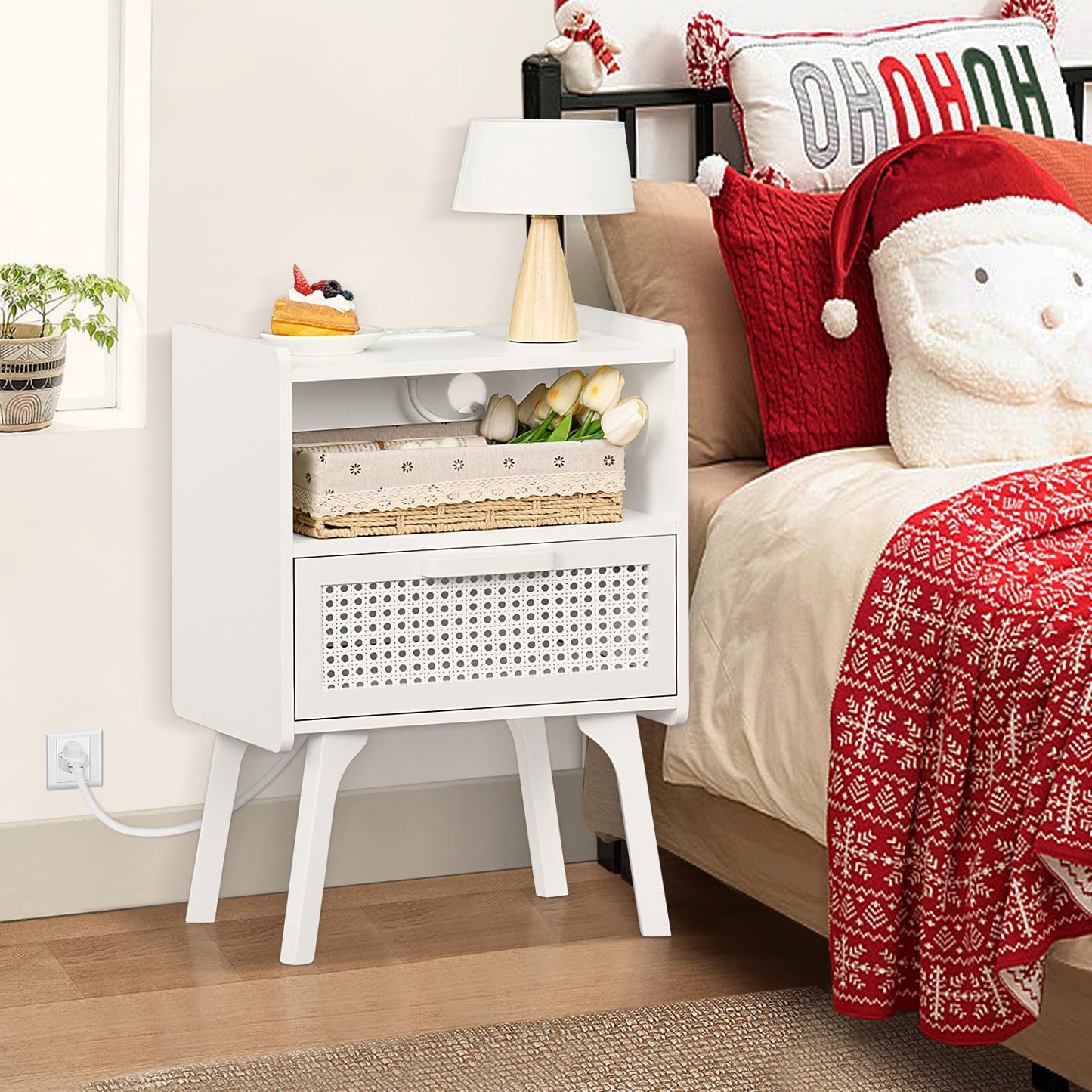 Lerliuo Rattan Nightstand with Charging Station, Side Table with Drawer Open Shelf, Cane Accent Bedside End Table with Solid Wood Legs, Night Stand for Bedroom, Dorm and Small Spaces (White)