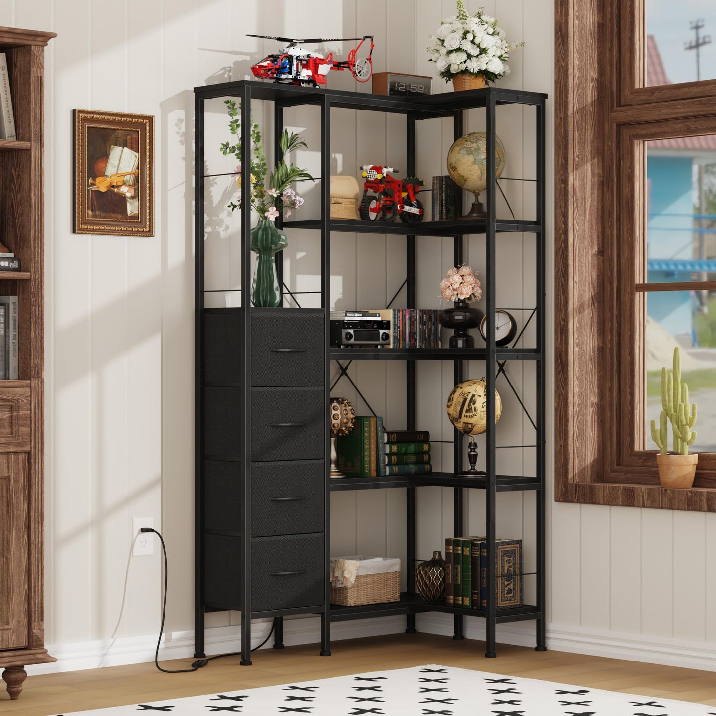 AFLUI Corner Bookshelf with LED Light Strips & 4 Fabric Drawers, 5-Tier Convertible Corner Shelf with Display Shelf, Large Wood Industrial Bookcase for Living Room, Bedroom, Home Office, Black