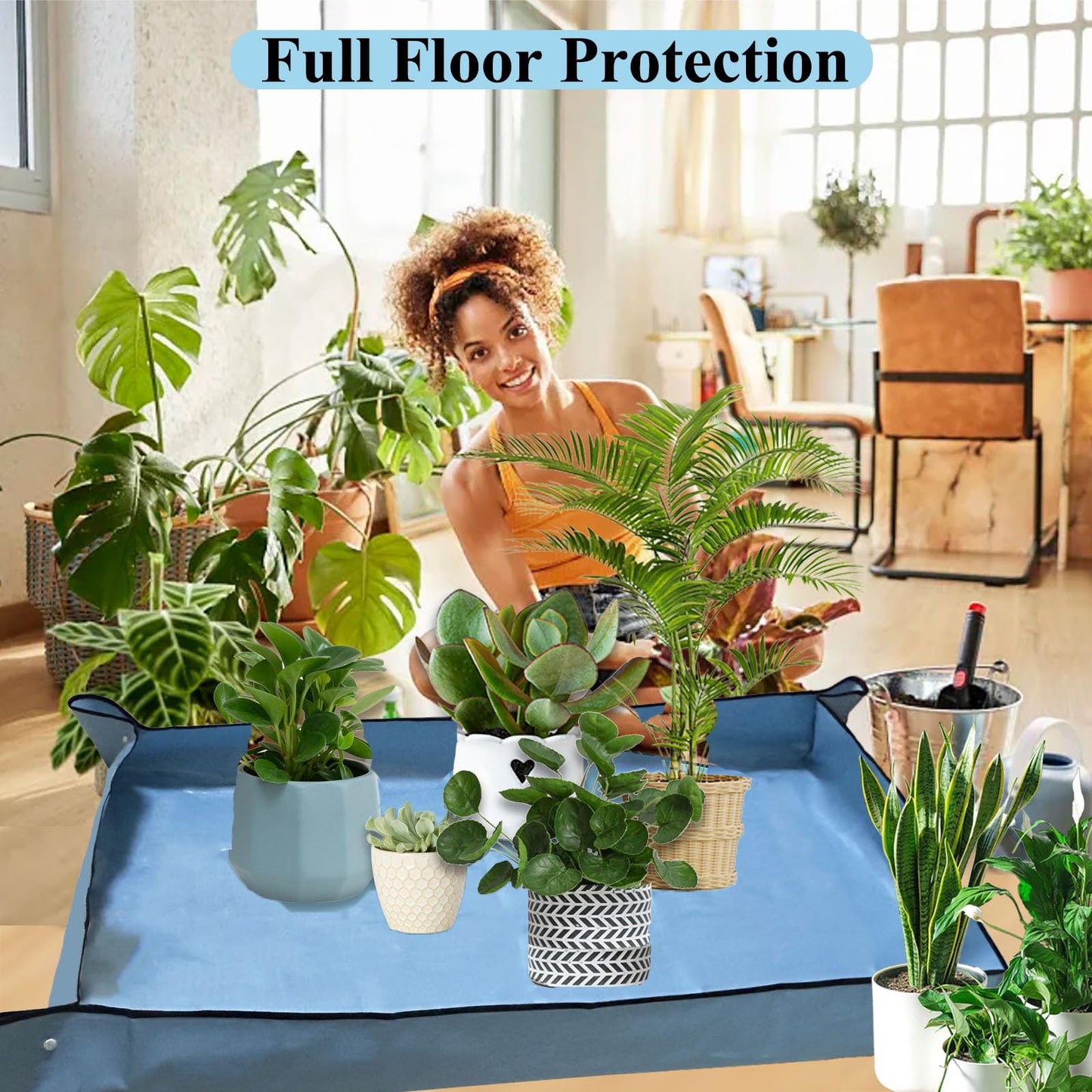 HejVulkan 59" x 39" Extra Large Plant Repotting Mat, Foldable Gardening Mat for Indoor, Transplanting Houseplants, Pot Out, Mix Soil and Mess Control, Gardening Gifts for Women Men Plant Lover(Blue)