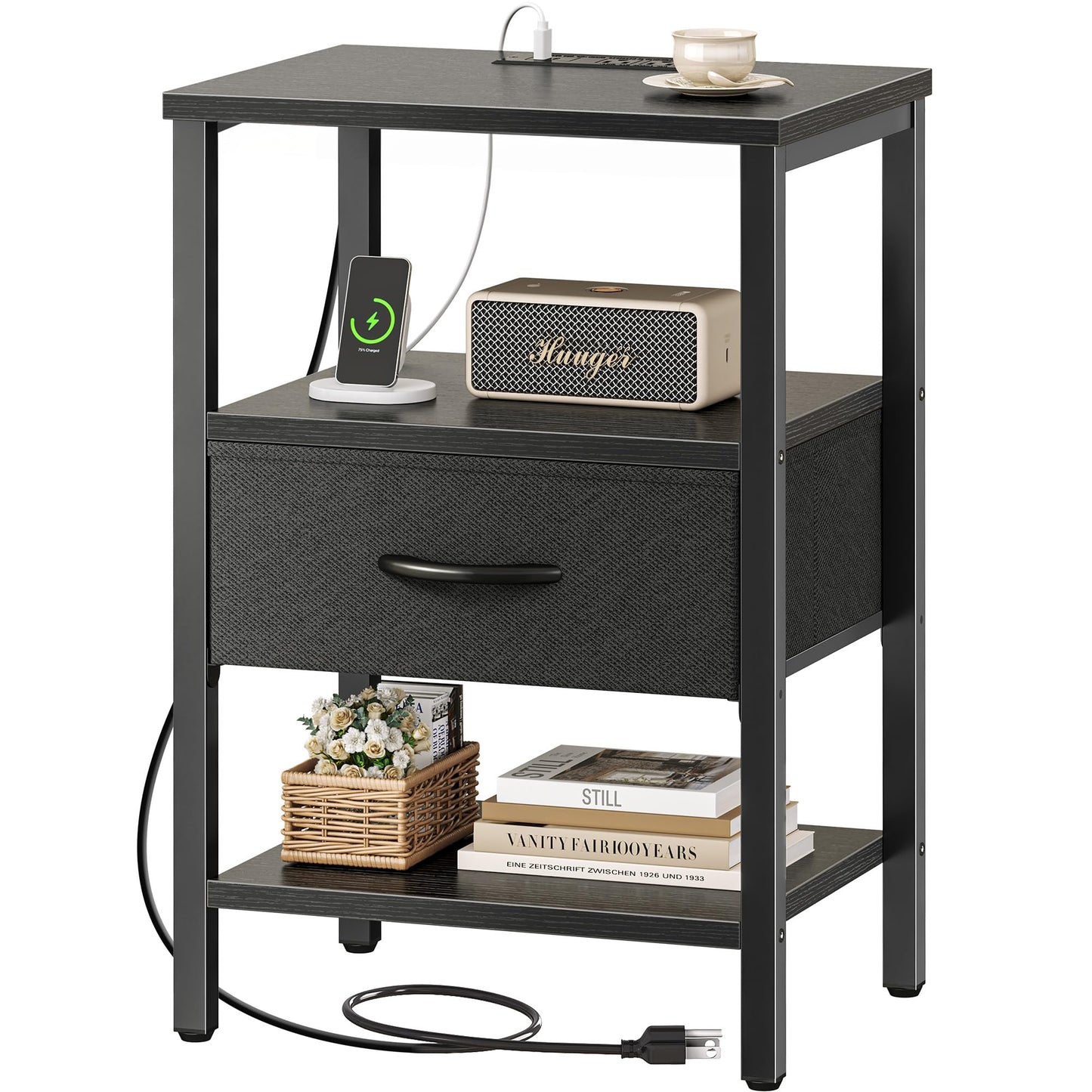 SUPERJARE Nightstand with Charging Station, Bed Side Table with Adjustable Fabric Drawer, Night Stand for Bedroom, 3-Tier Storage End Table, for Living Room, Black