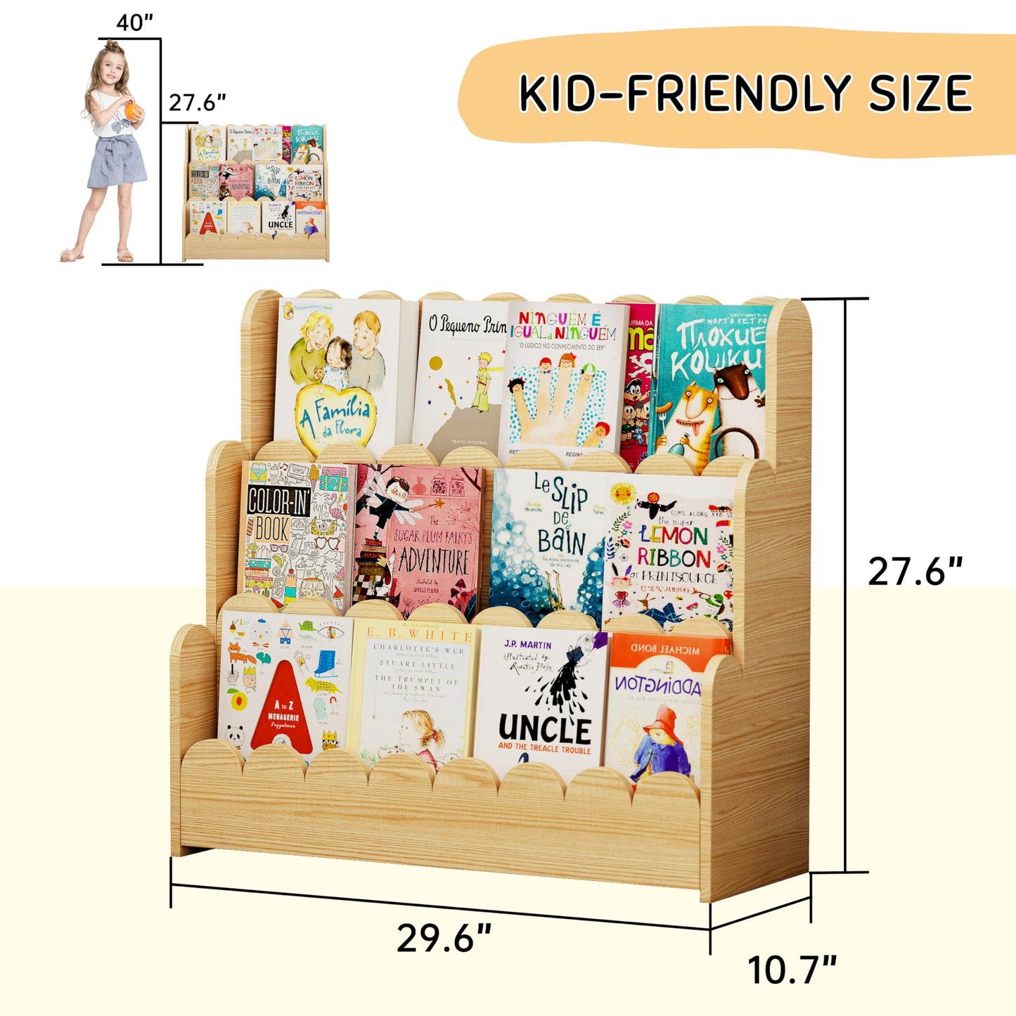 HADAMUYE 3-Tier Kids Bookshelf, Scalloped Montessori Bookshelf for Toddler and Baby, Small Childrens Bookcase, Solid Wood Book Shelf for Kids Room, Nursey, Playroom and Classroom, Natural