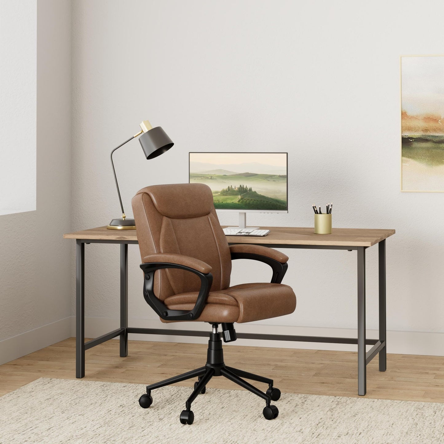 Click365 Transform 1.0 Ergonomic Office Chair, Mid Back Desk Chair with Padded Arms, Lumbar Support, Adjustable Height, Tilt Recline, Swivel Computer Chair, Bonded Leather, Cognac