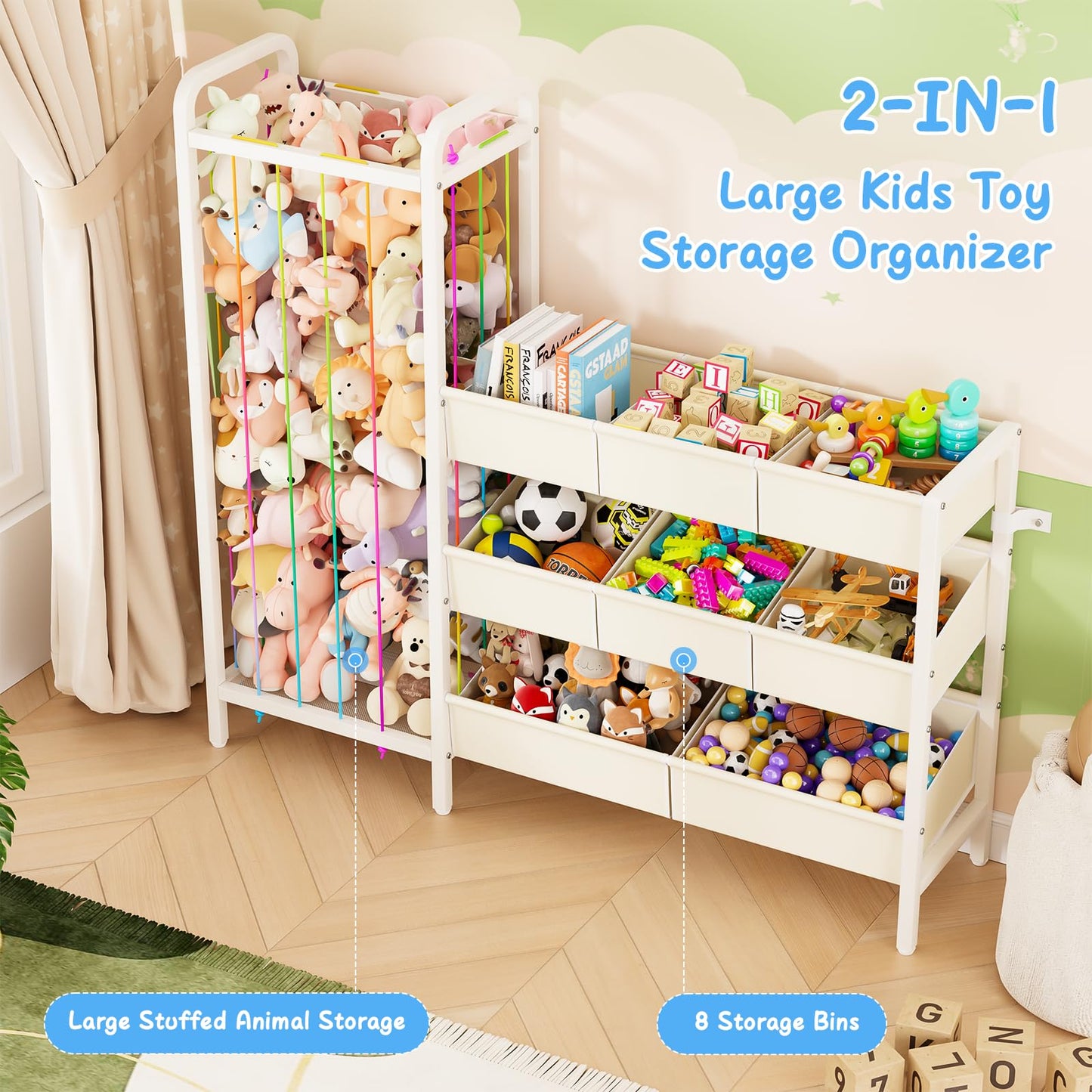 CYXPHION B6 Toy Storage Organizer with Stuffed Animal Storage, 3-Tier Wooden Shelves and 8 Bins, Toy Shelf Organizer, Kids Bookshelf and Toy Storage for Kids Room, Bedroom, Playroom, Nursery, White