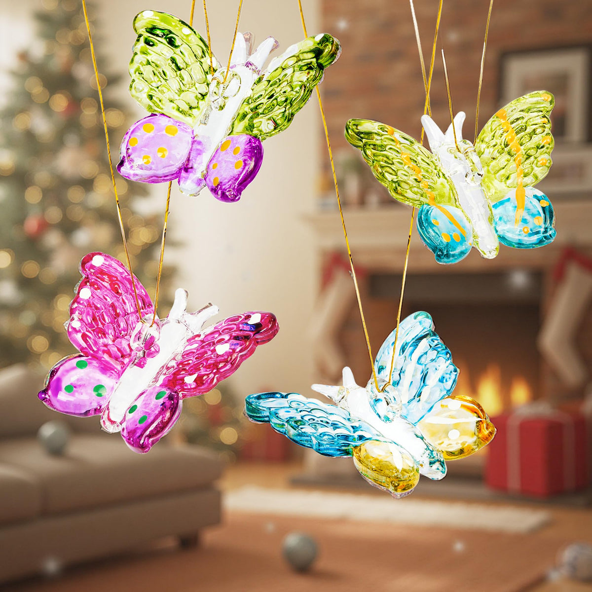 Set of 4 Crystal Butterfly Ornaments 1.7in Hanging Glass Butterflies Collectible Decoration for Home Window Patio Tree