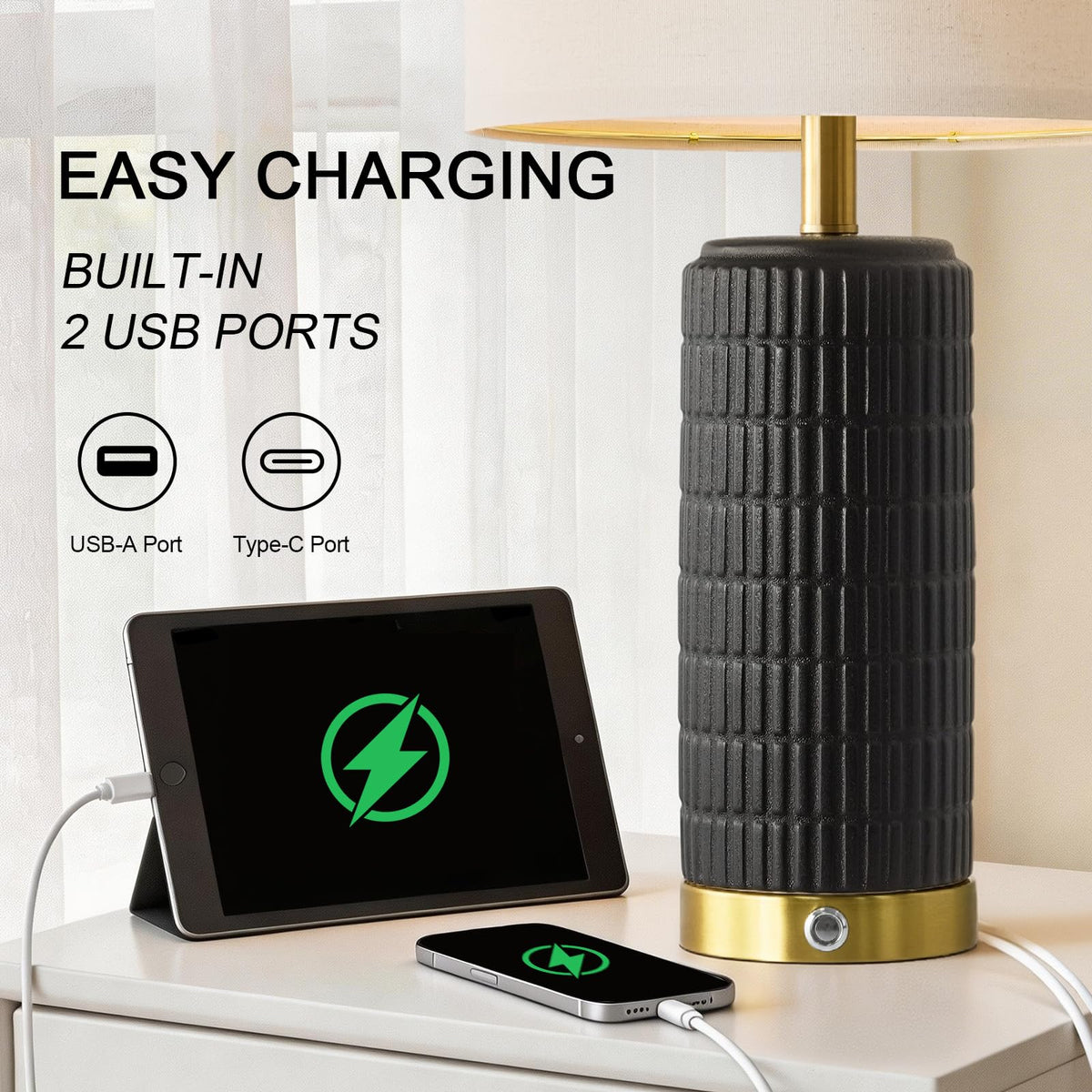 PoKat Ceramic Table Lamps Set of 2 for Living Room, 25'' Modern Touch Bedside Lamps for Bedroom with 2 USB Ports, Farmhouse Black Matte-Textured Nightstand Lamps Office Home Decor (Bulbs Included)