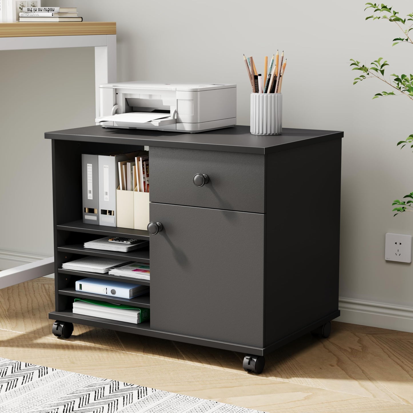 Quikraen Wooden Rolling File Cabinet Black Mobile Lateral Office Filing Cabinets with Doors and Open Adjustable Shelves Lateral Printer Stand with Drawer for Office Supplies