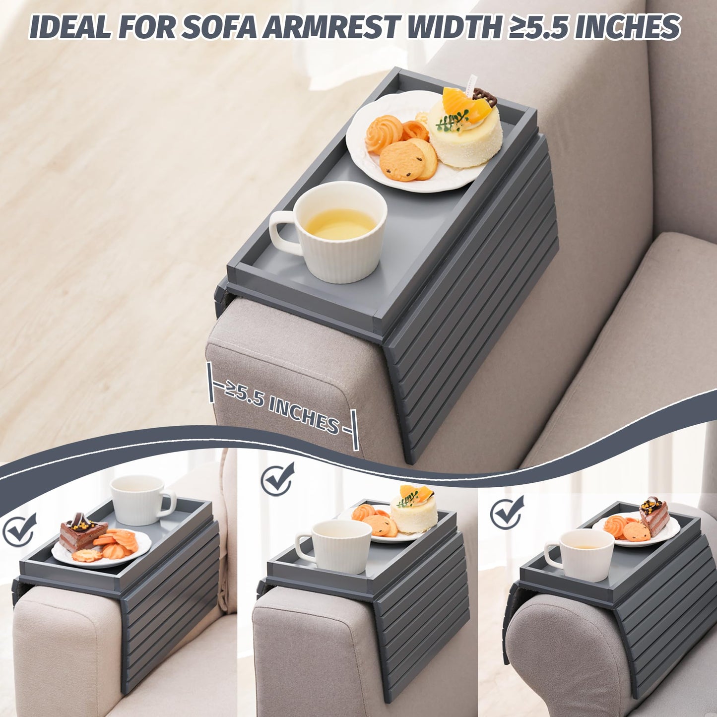 GEHE Bamboo Sofa Arm Tray, Foldable Couch Arm Tray Side Table, Anti-Falling Armrest Tables Cup Holder for Snacks, Drinks, Beers, Phone, Control, Flexible and Portable, Anti-Slip