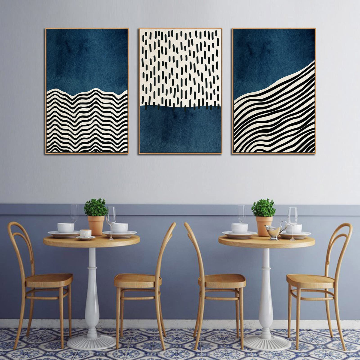 Framed Wall Art Canvas Set Mid Century Boho Picture Modern Abstract Geometric Lines Wall Decor Minimalist Black Indigo Canvas Painting Artwork Living Room Bedroom Home Office 24"x36"x3 Natural