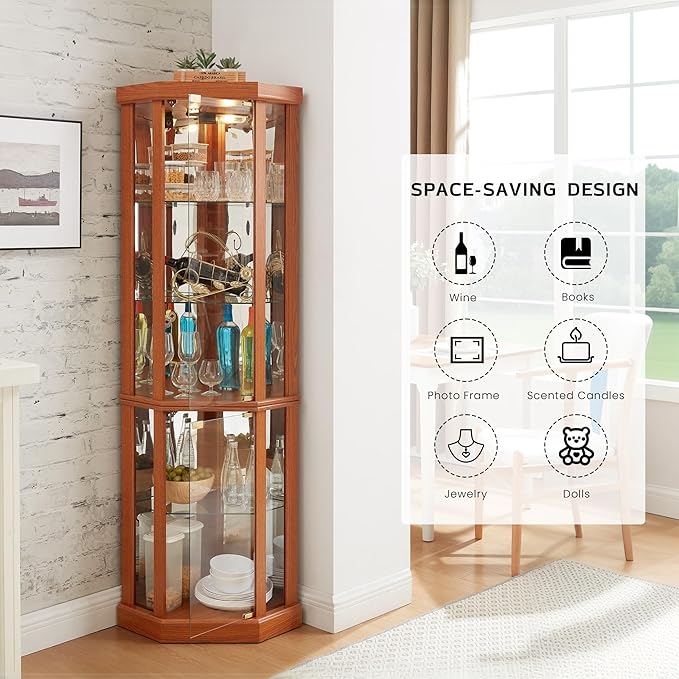Corner Curio Cabinet, Light Bulb Inclued, Wine Bar China Cabinet