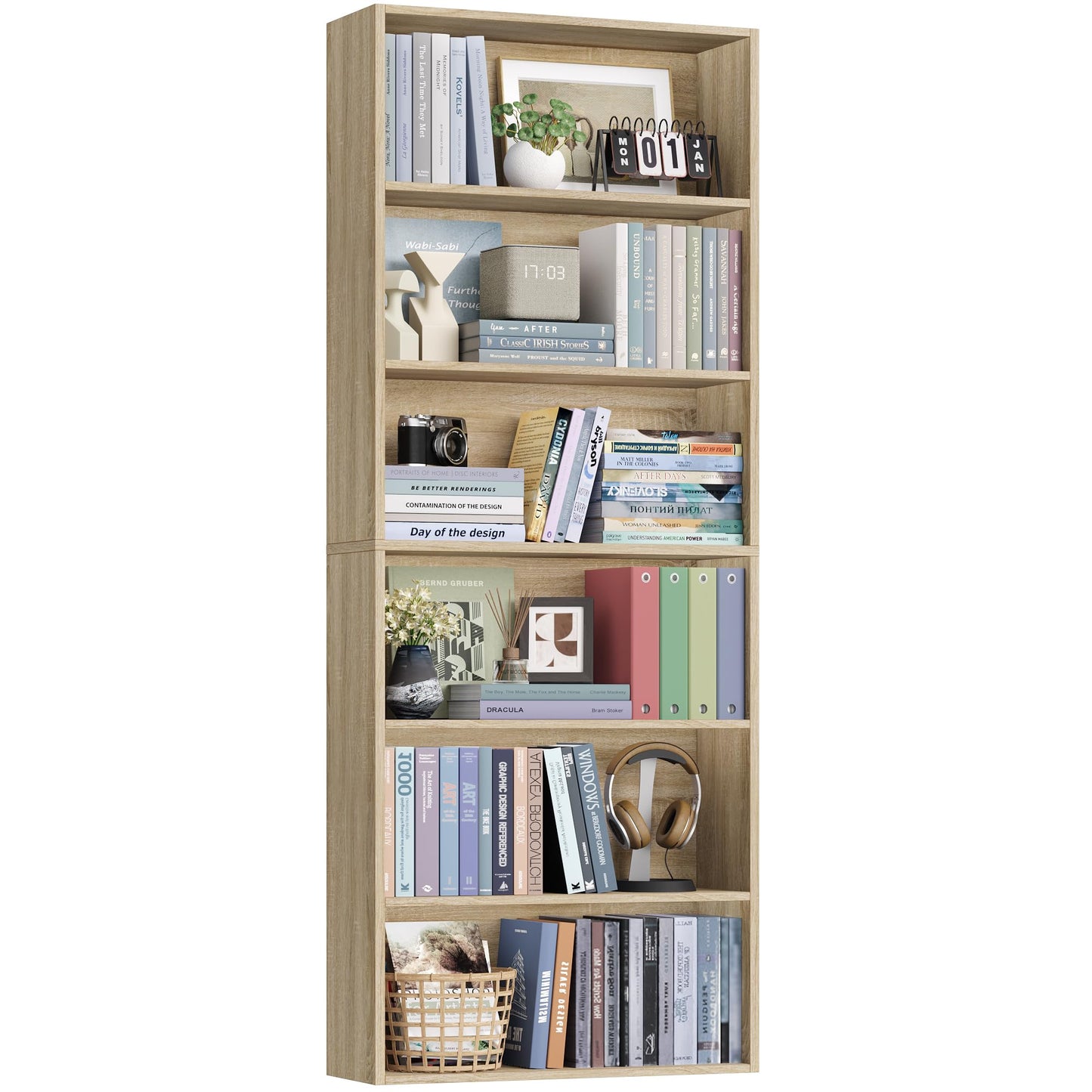 FOTOSOK 6-Tier Open Bookcase and Bookshelf, Freestanding Display Storage Shelves Tall Bookshelf Bookcase for Bedroom, Living Room and Office, Light Oak